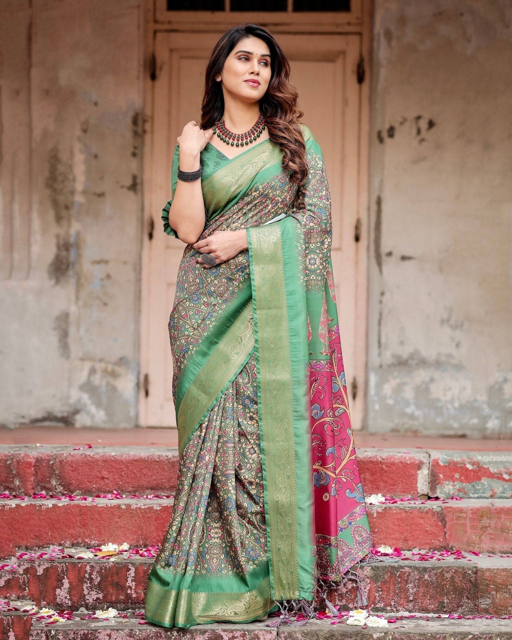 Pure Silk Digitally Printed Saree Weaved With Golden Zari Comes With Tassels - Fashion Dream Studio