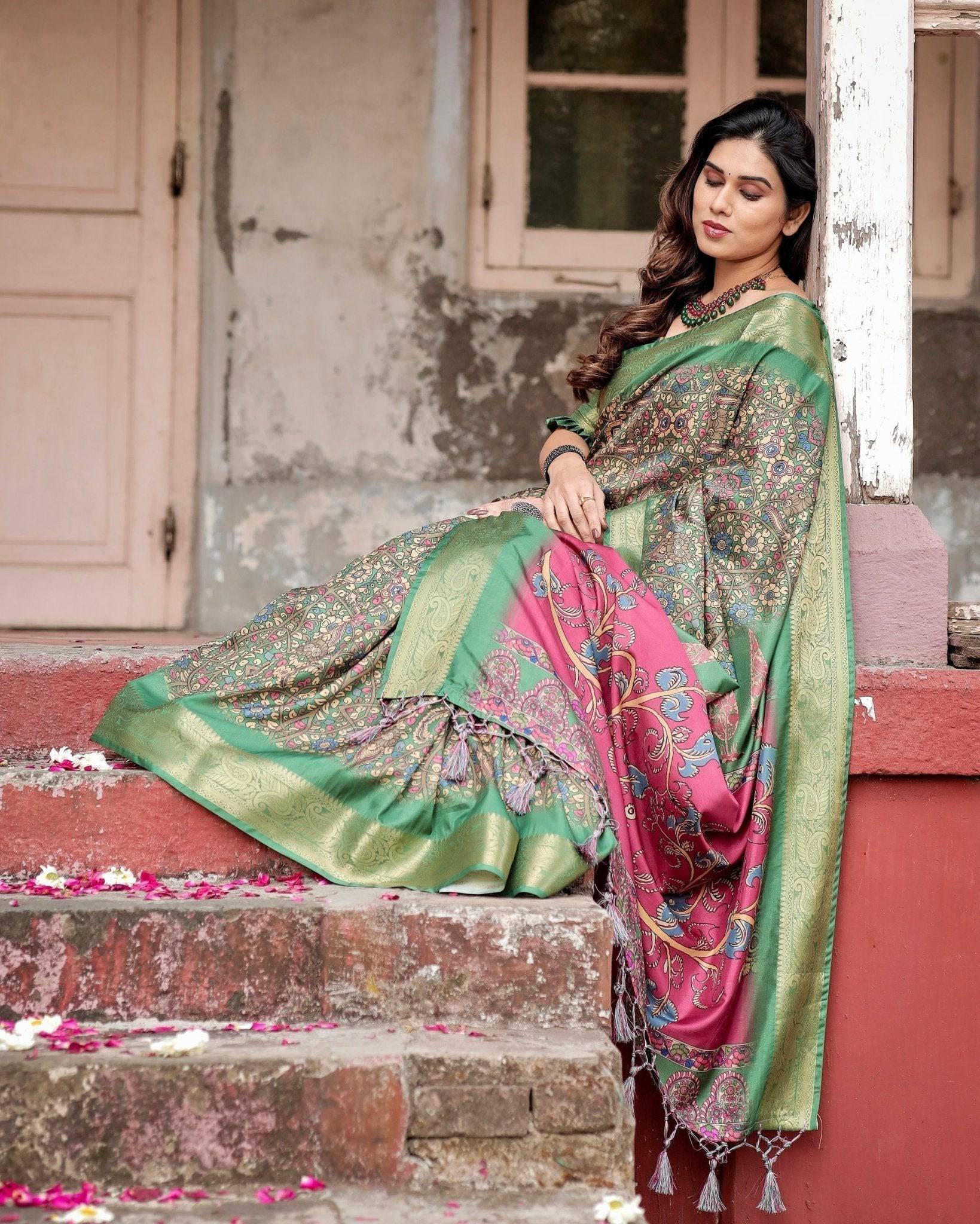 Pure Silk Digitally Printed Saree Weaved With Golden Zari Comes With Tassels - Fashion Dream Studio