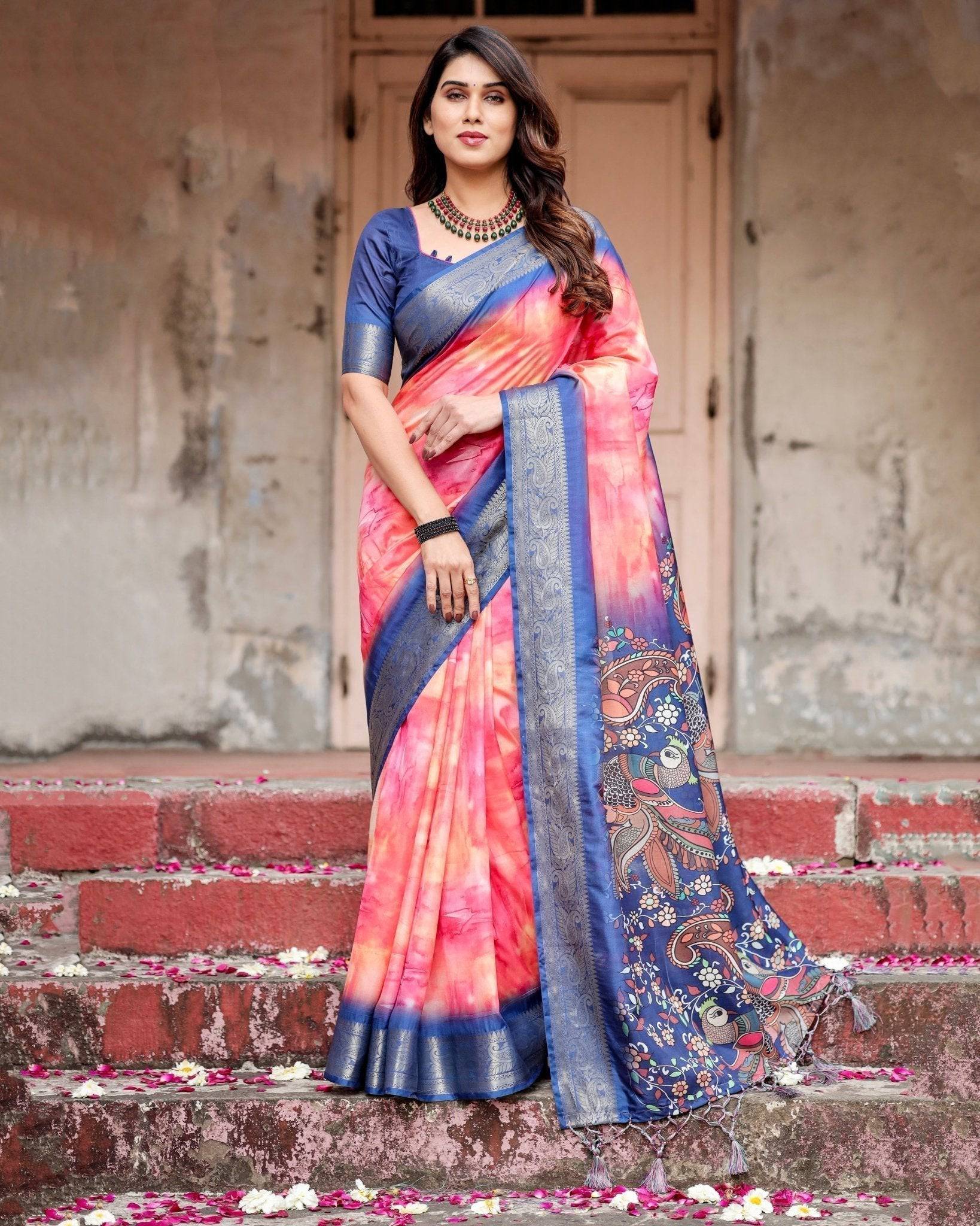 Pure Silk Digitally Printed Saree Weaved With Golden Zari Comes With Tassels