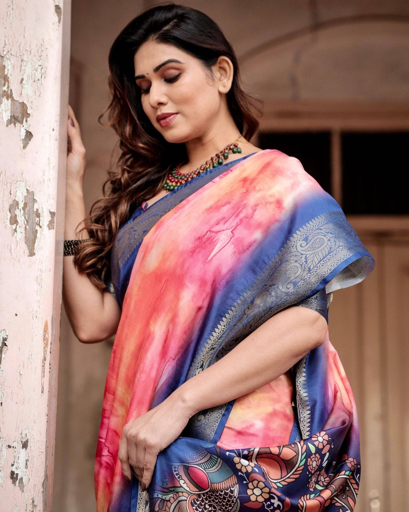 Pure Silk Digitally Printed Saree Weaved With Golden Zari Comes With Tassels - Fashion Dream Studio