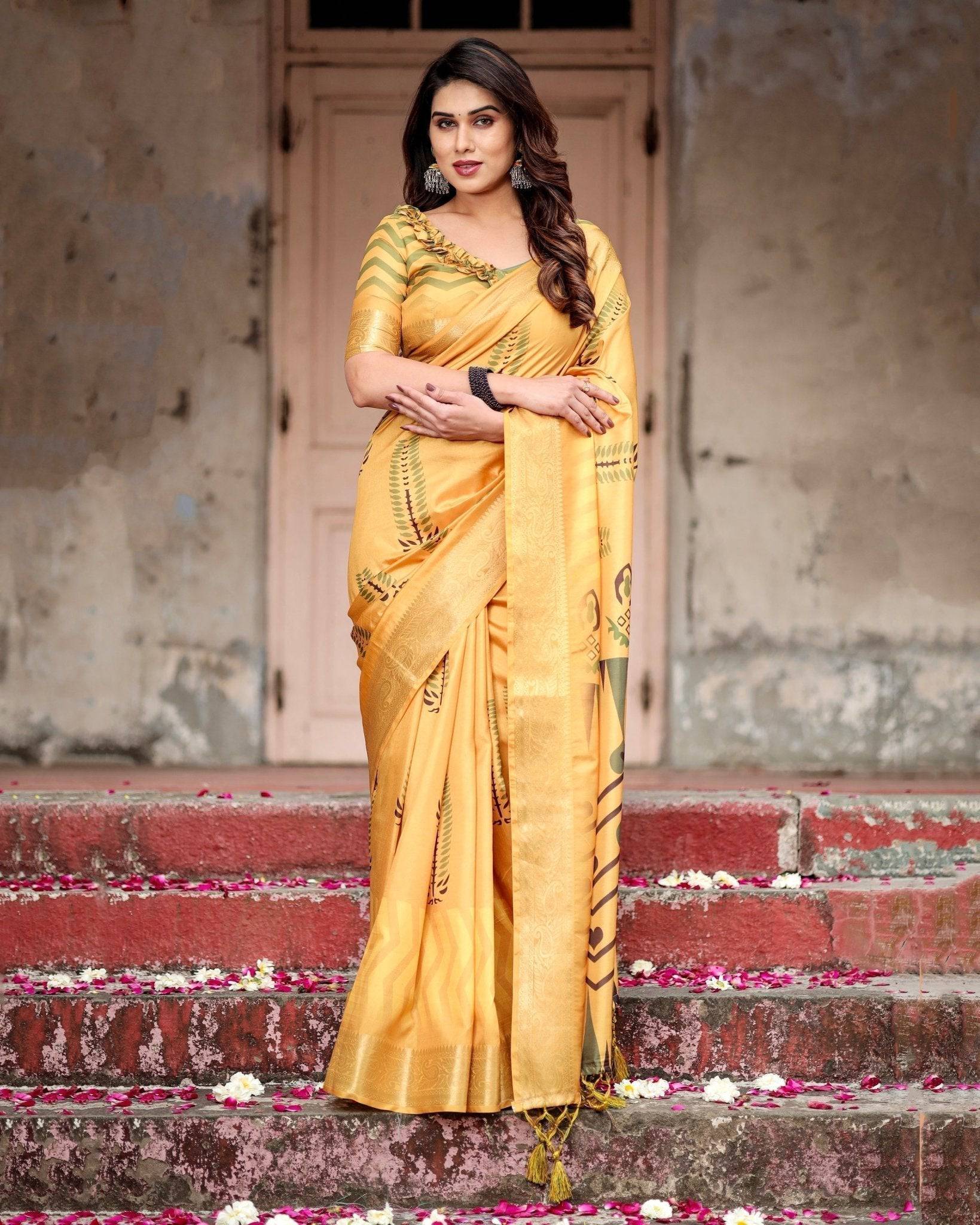 Pure Silk Digitally Printed Saree Weaved With Golden Zari Comes With Tassels