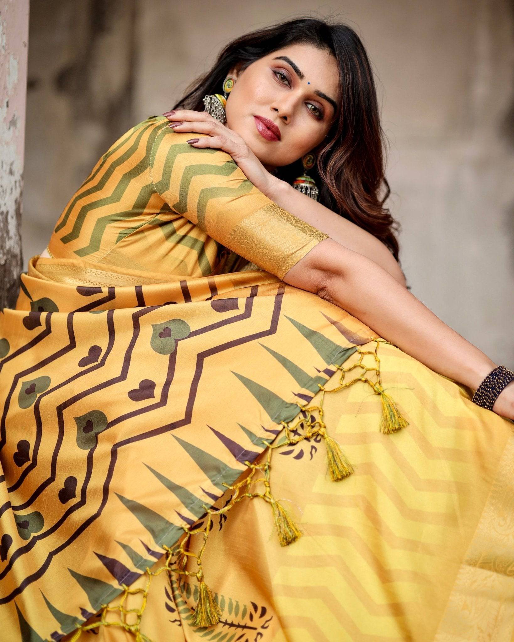 Pure Silk Digitally Printed Saree Weaved With Golden Zari Comes With Tassels