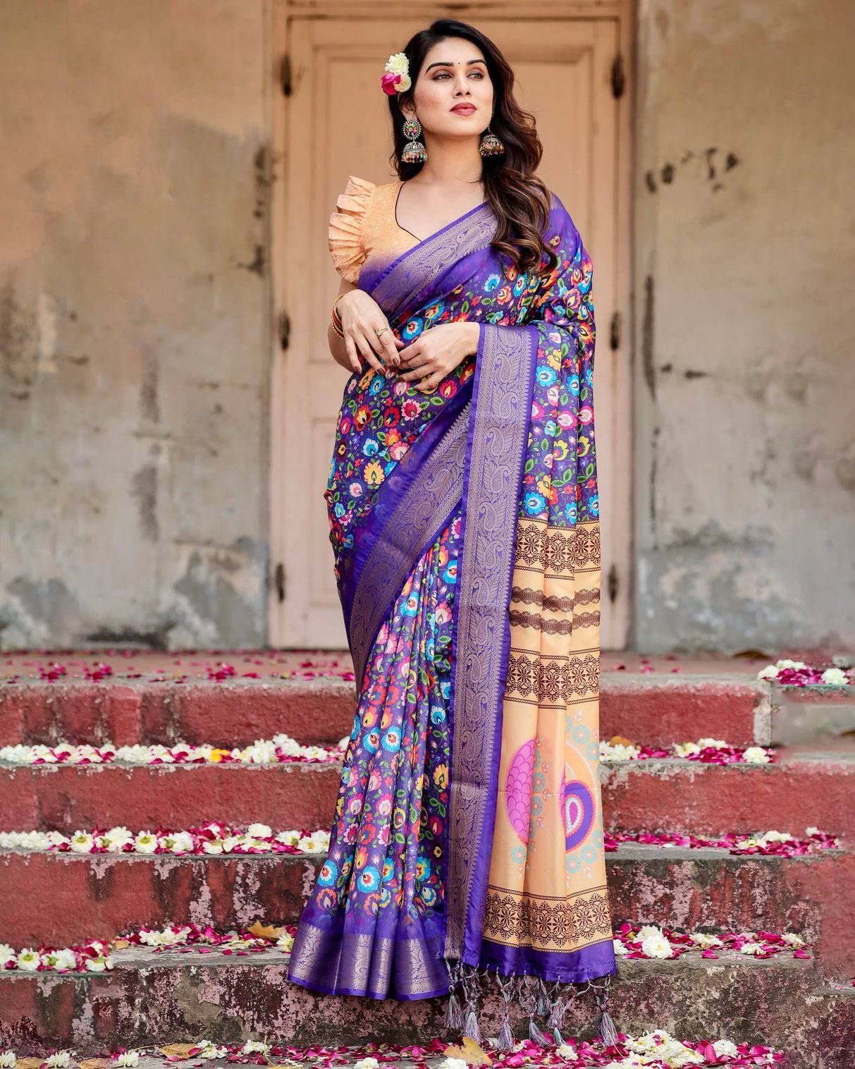 Pure Silk Digitally Printed Saree Weaved With Golden Zari Comes With Tassels - Fashion Dream Studio