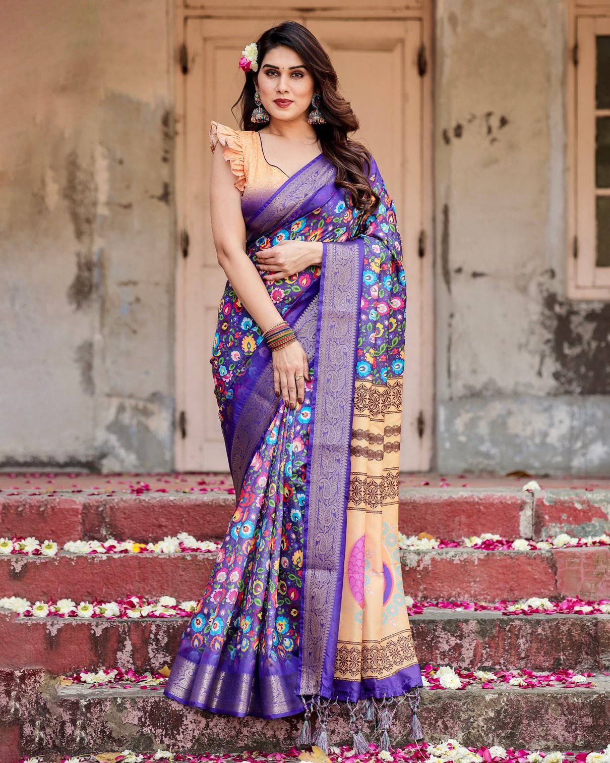 Pure Silk Digitally Printed Saree Weaved With Golden Zari Comes With Tassels - Fashion Dream Studio