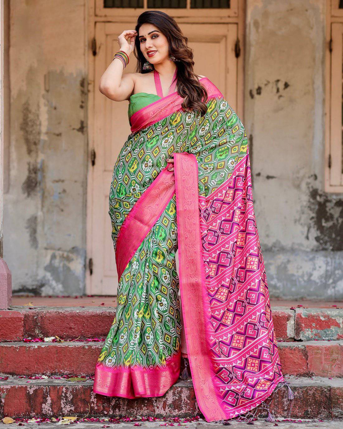 Pure Silk Digitally Printed Saree Weaved With Golden Zari Comes With Tassels - Fashion Dream Studio