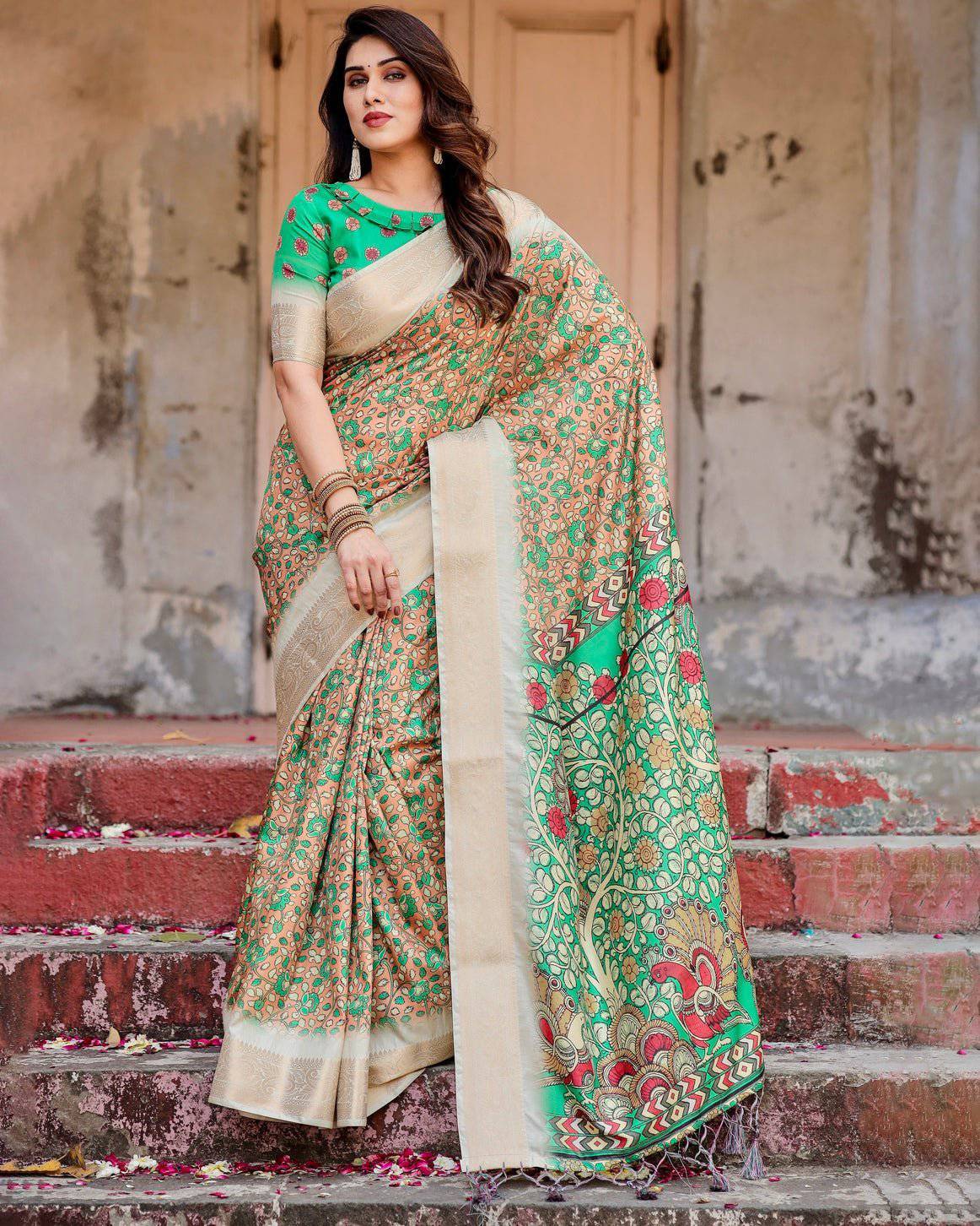 Pure Silk Digitally Printed Saree Weaved With Golden Zari Comes With Tassels