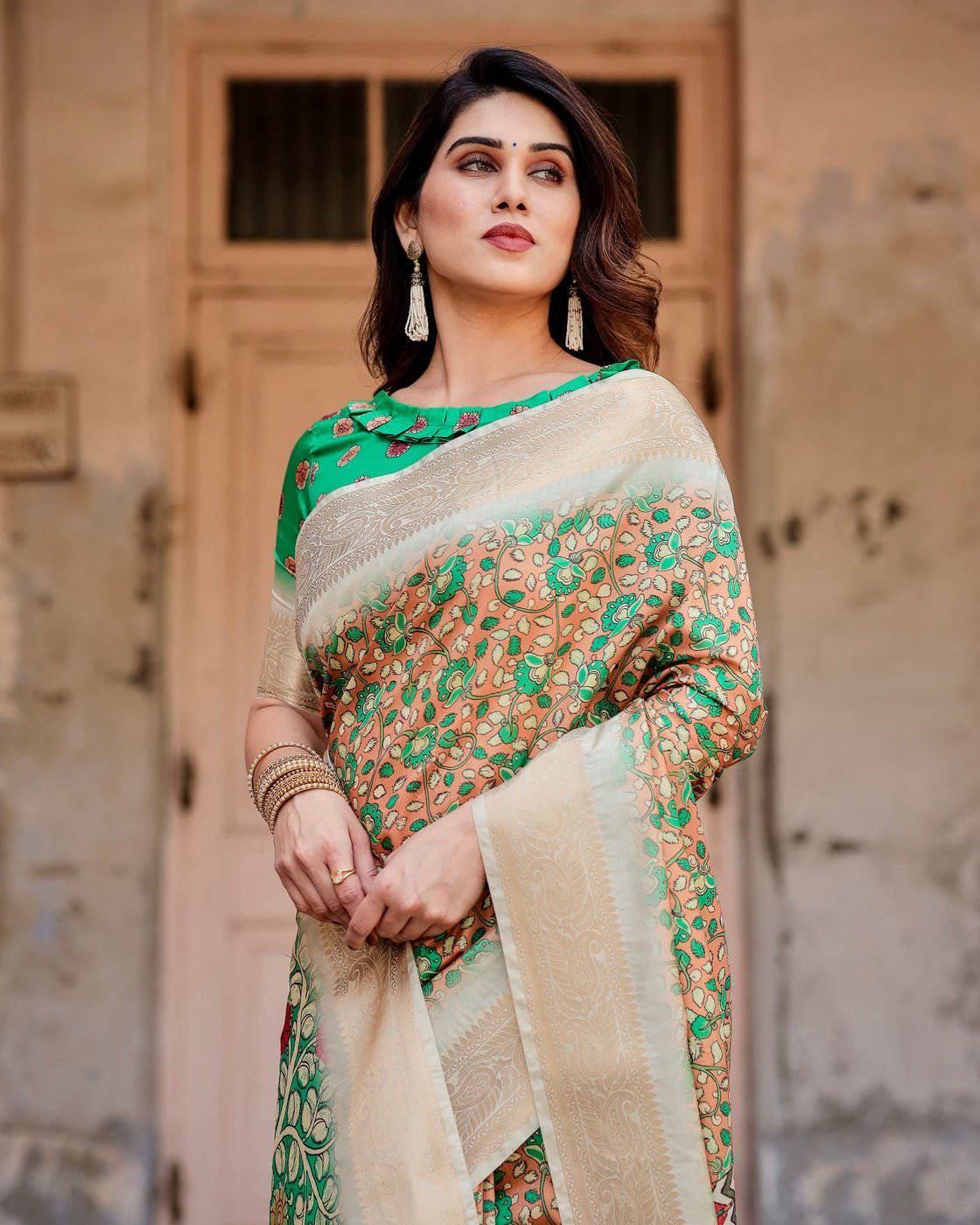 Pure Silk Digitally Printed Saree Weaved With Golden Zari Comes With Tassels - Fashion Dream Studio