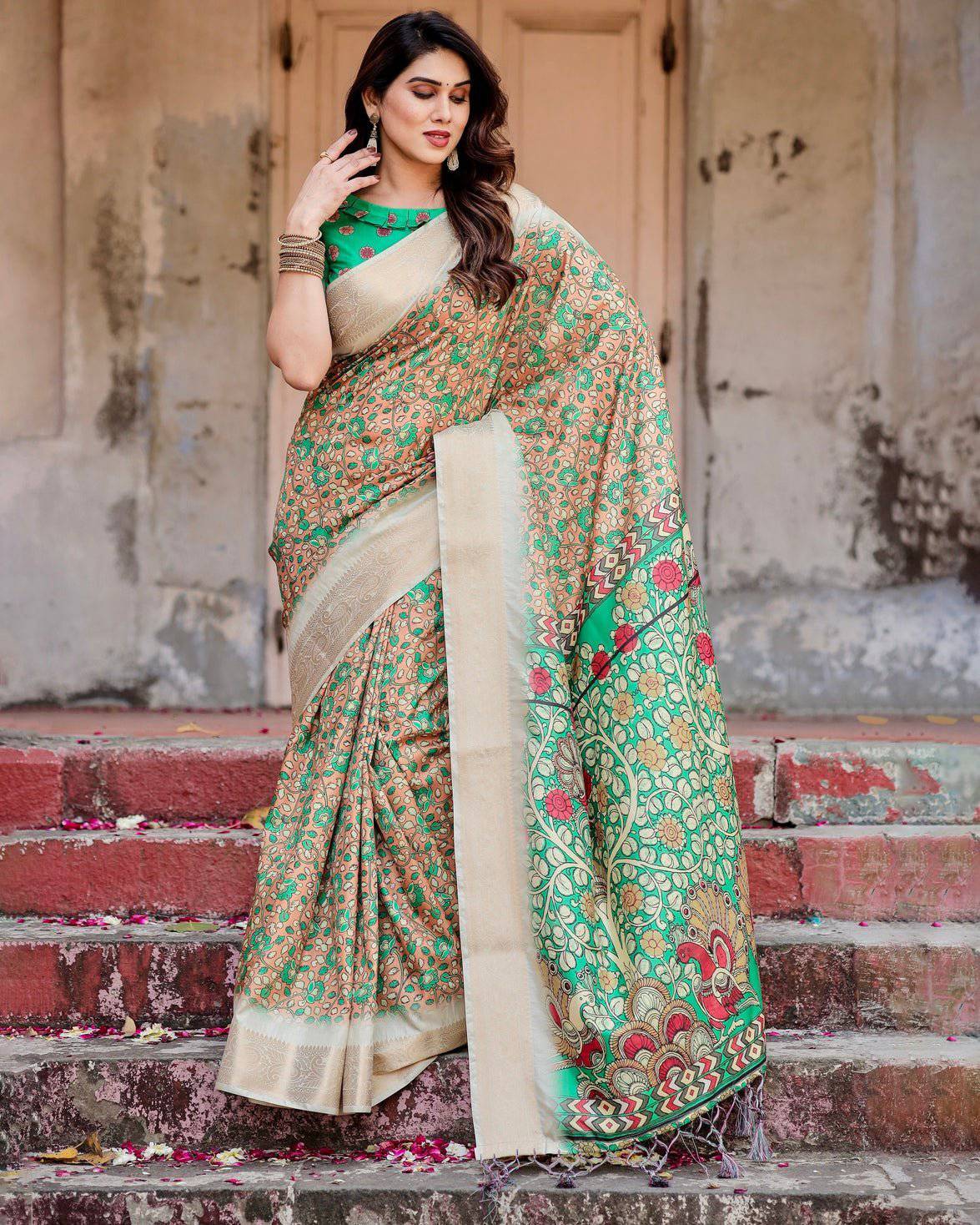 Pure Silk Digitally Printed Saree Weaved With Golden Zari Comes With Tassels - Fashion Dream Studio