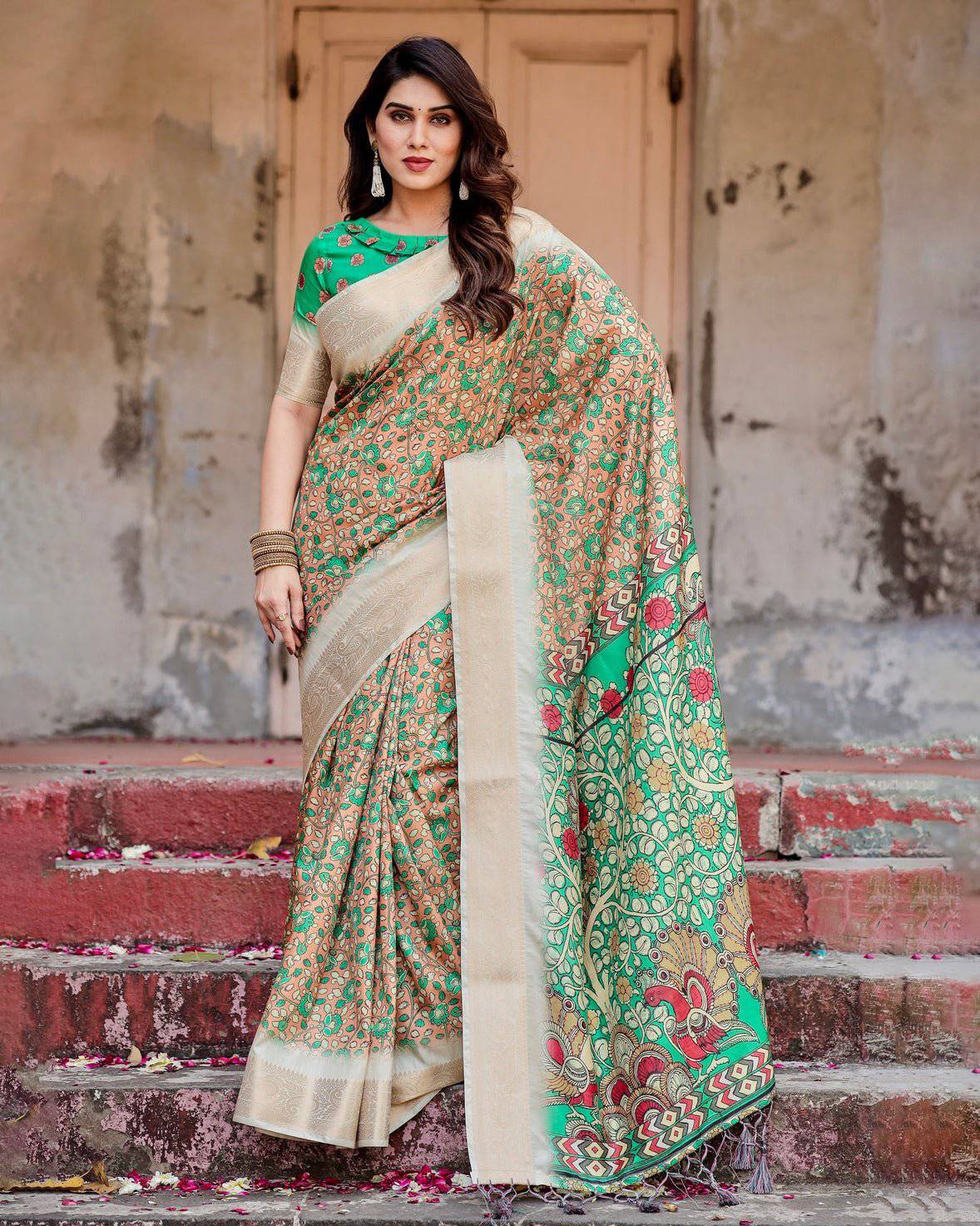 Pure Silk Digitally Printed Saree Weaved With Golden Zari Comes With Tassels - Fashion Dream Studio