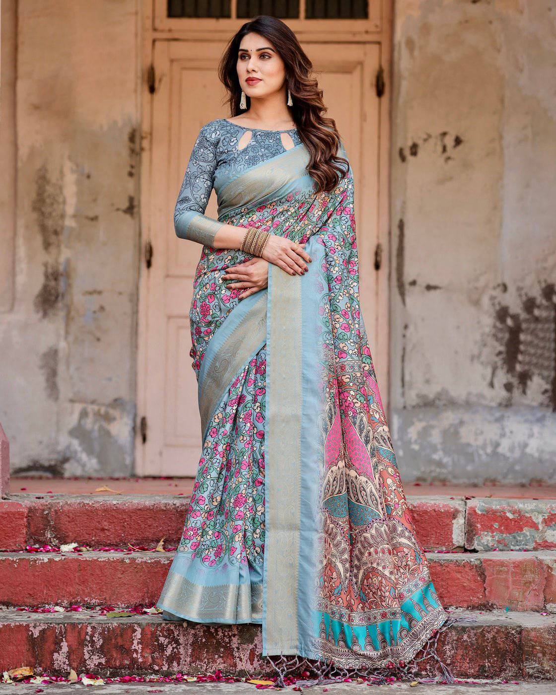 Pure Silk Digitally Printed Saree Weaved With Golden Zari Comes With Tassels - Fashion Dream Studio