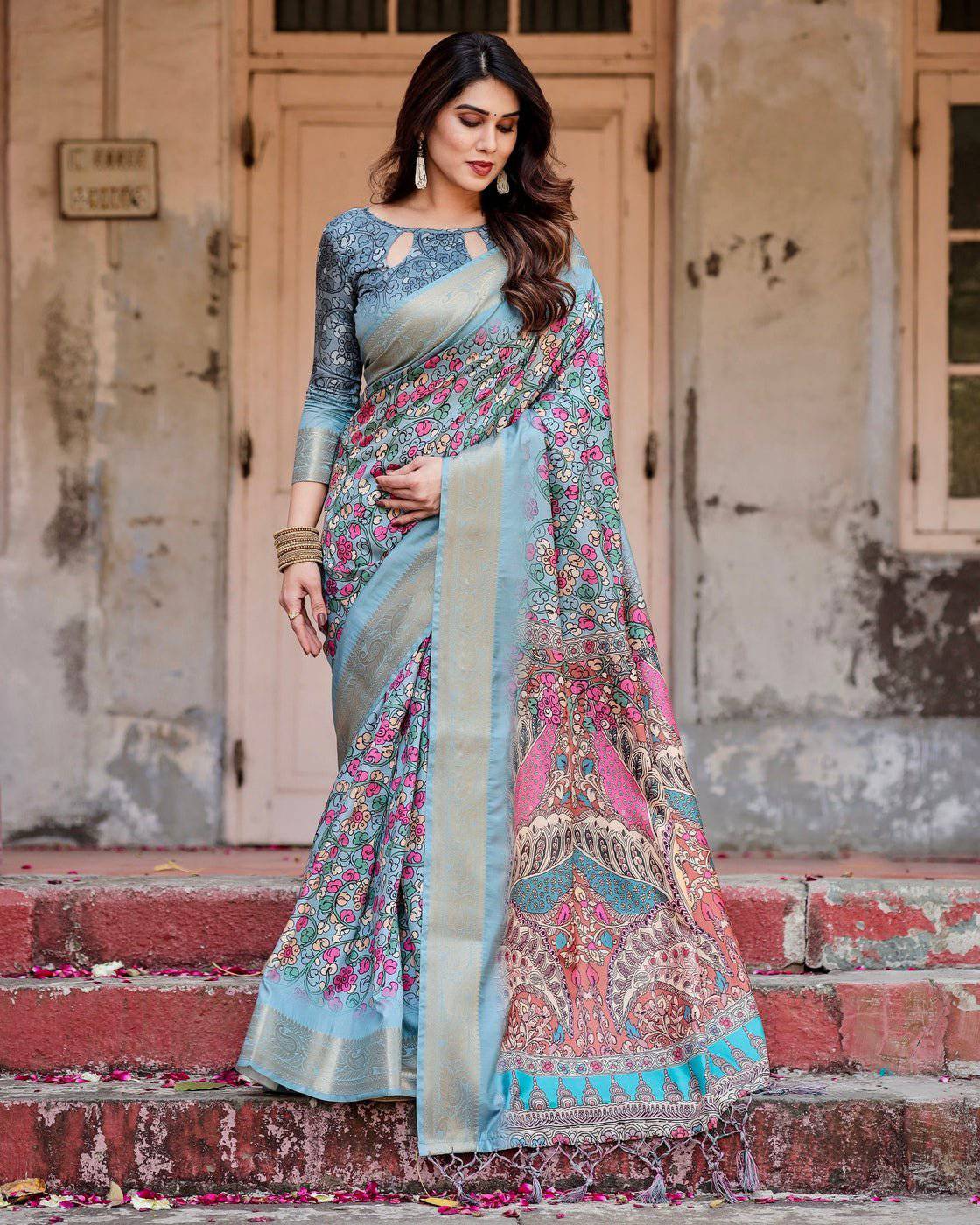 Pure Silk Digitally Printed Saree Weaved With Golden Zari Comes With Tassels - Fashion Dream Studio