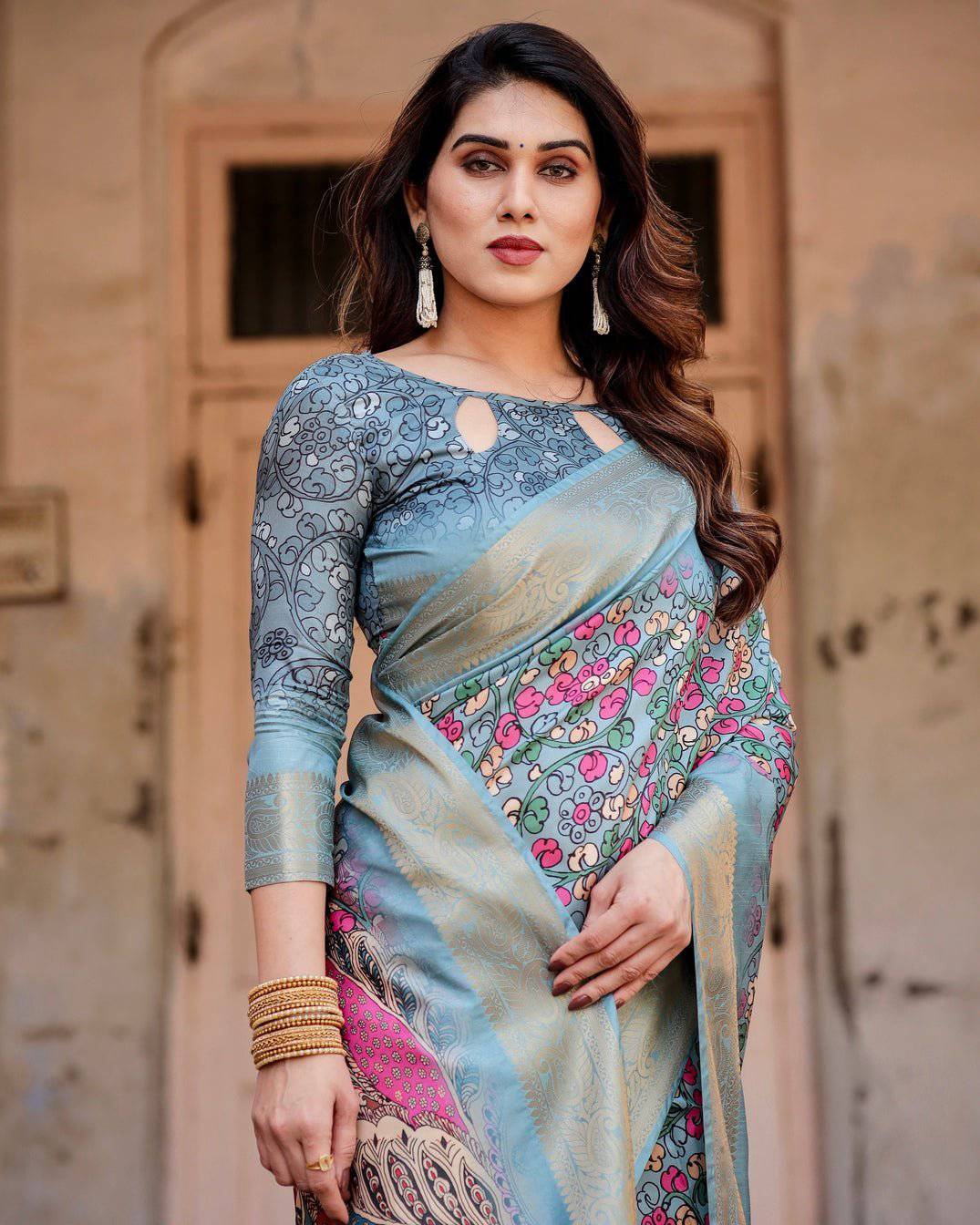 Pure Silk Digitally Printed Saree Weaved With Golden Zari Comes With Tassels - Fashion Dream Studio