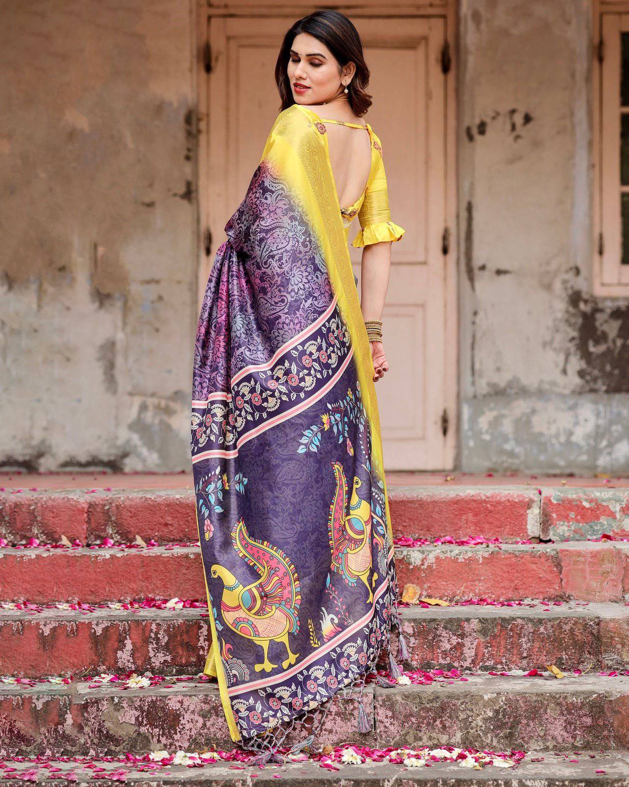 Pure Silk Digitally Printed Saree Weaved With Golden Zari Comes With Tassels - Fashion Dream Studio