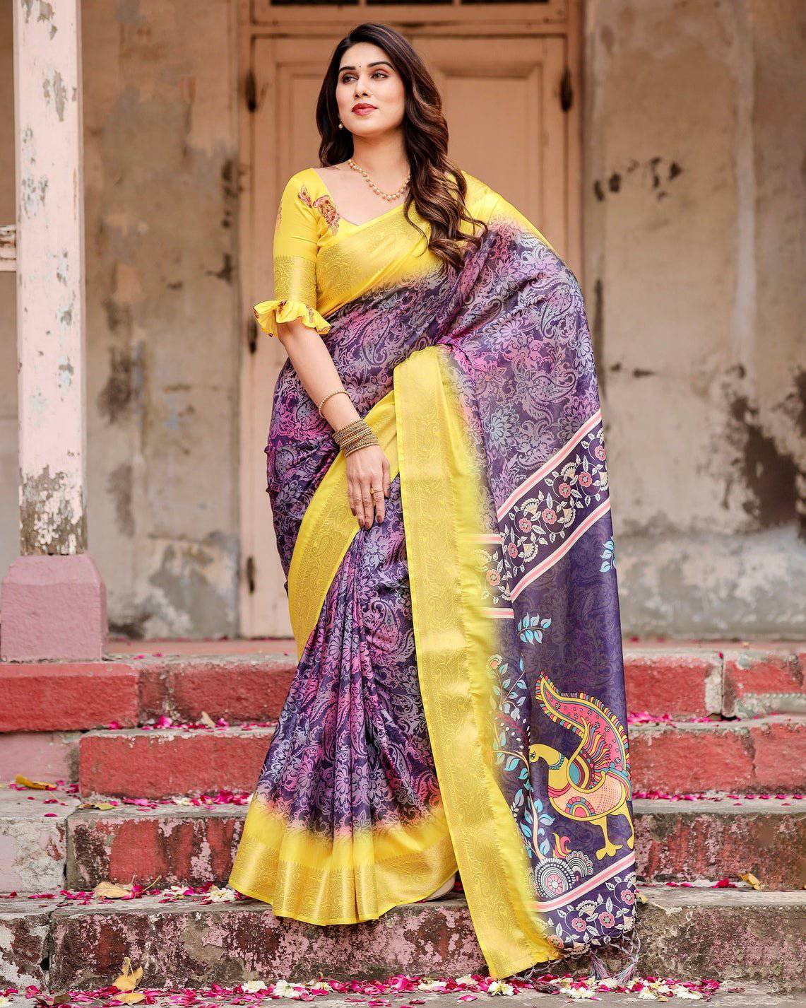 Pure Silk Digitally Printed Saree Weaved With Golden Zari Comes With Tassels - Fashion Dream Studio