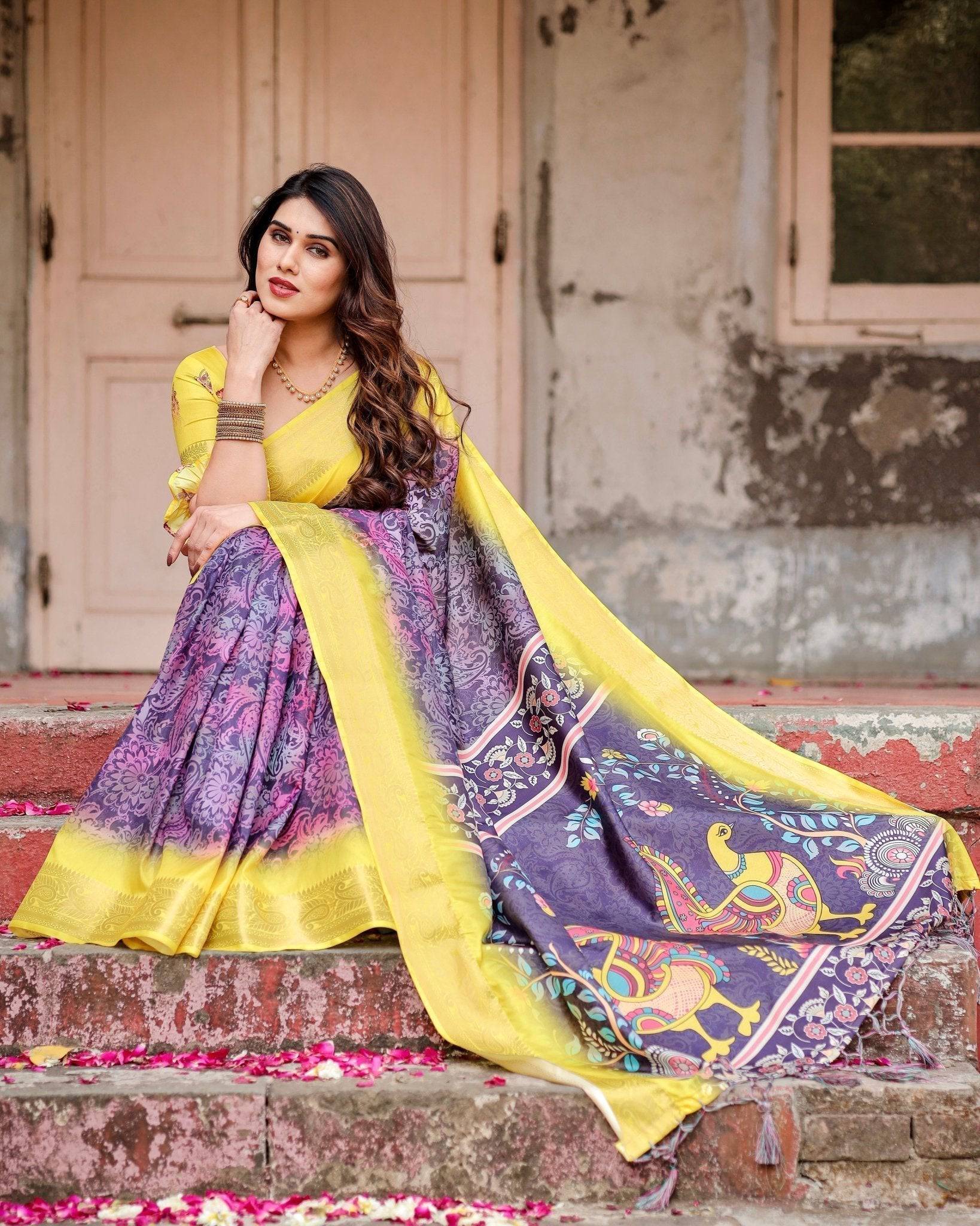 Pure Silk Digitally Printed Saree Weaved With Golden Zari Comes With Tassels - Fashion Dream Studio