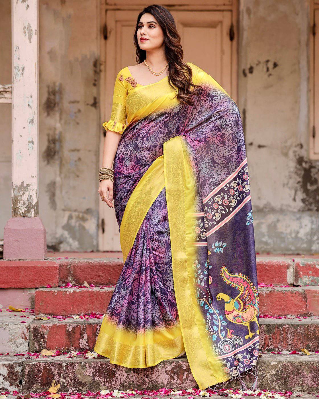 Pure Silk Digitally Printed Saree Weaved With Golden Zari Comes With Tassels - Fashion Dream Studio