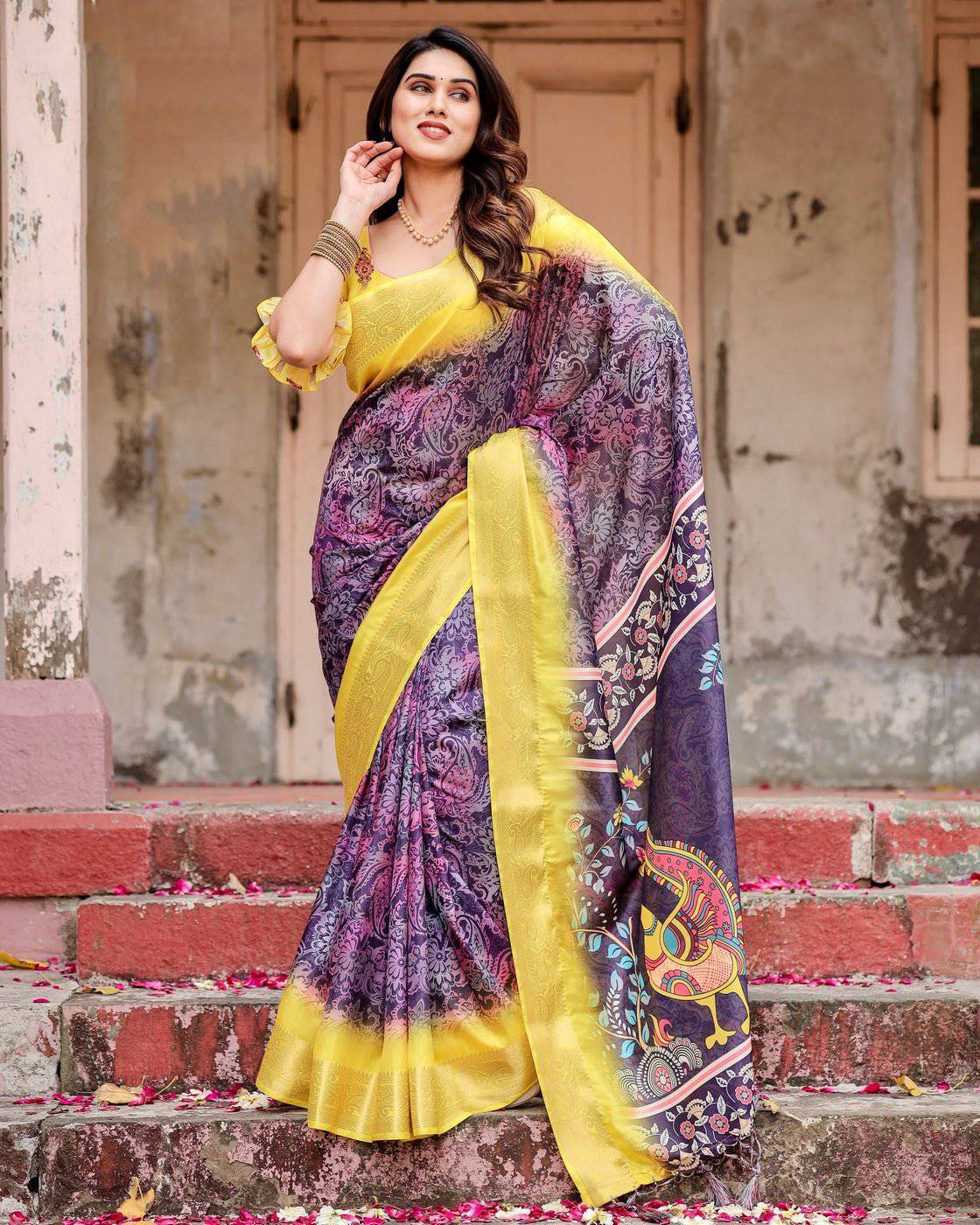 Pure Silk Digitally Printed Saree Weaved With Golden Zari Comes With Tassels - Fashion Dream Studio