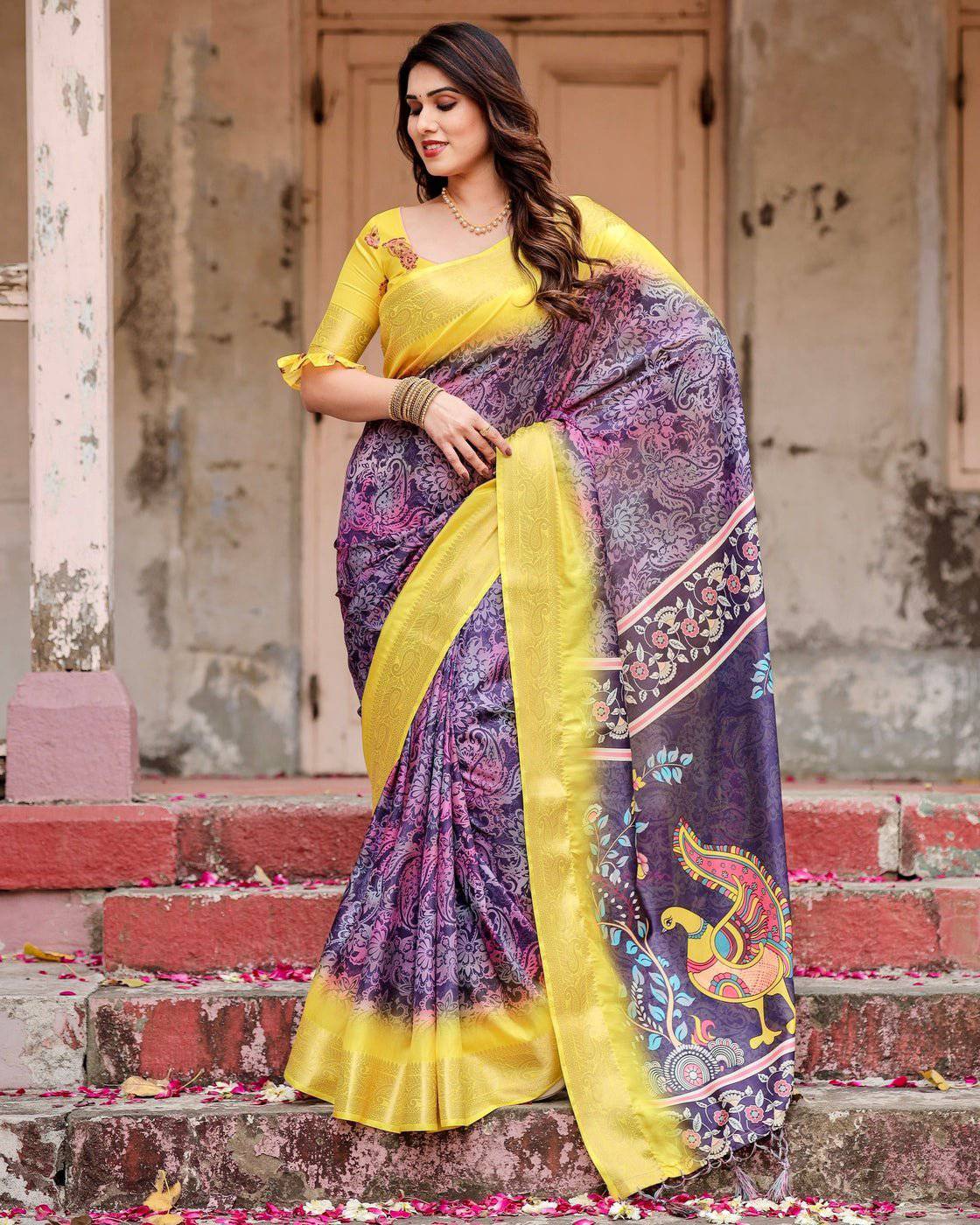 Pure Silk Digitally Printed Saree Weaved With Golden Zari Comes With Tassels - Fashion Dream Studio