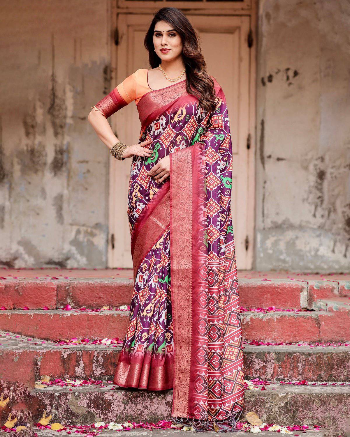 Pure Silk Digitally Printed Saree Weaved With Golden Zari Comes With Tassels