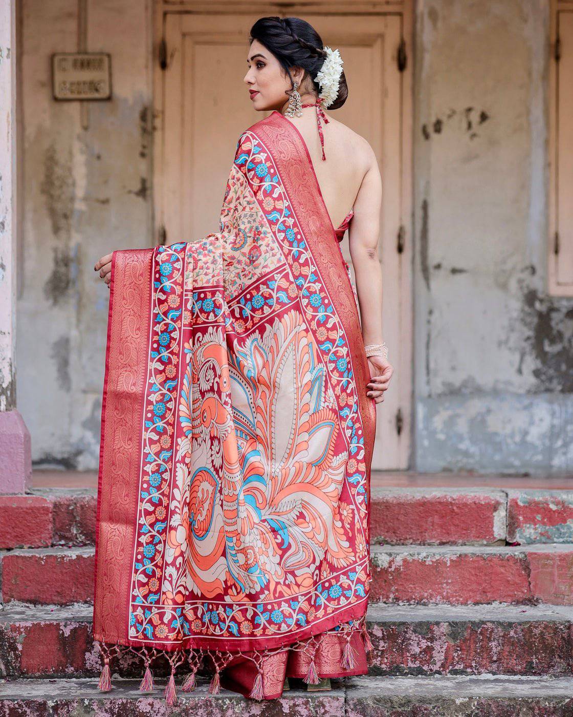 Pure Silk Digitally Printed Saree Weaved With Golden Zari Comes With Tassels - Fashion Dream Studio