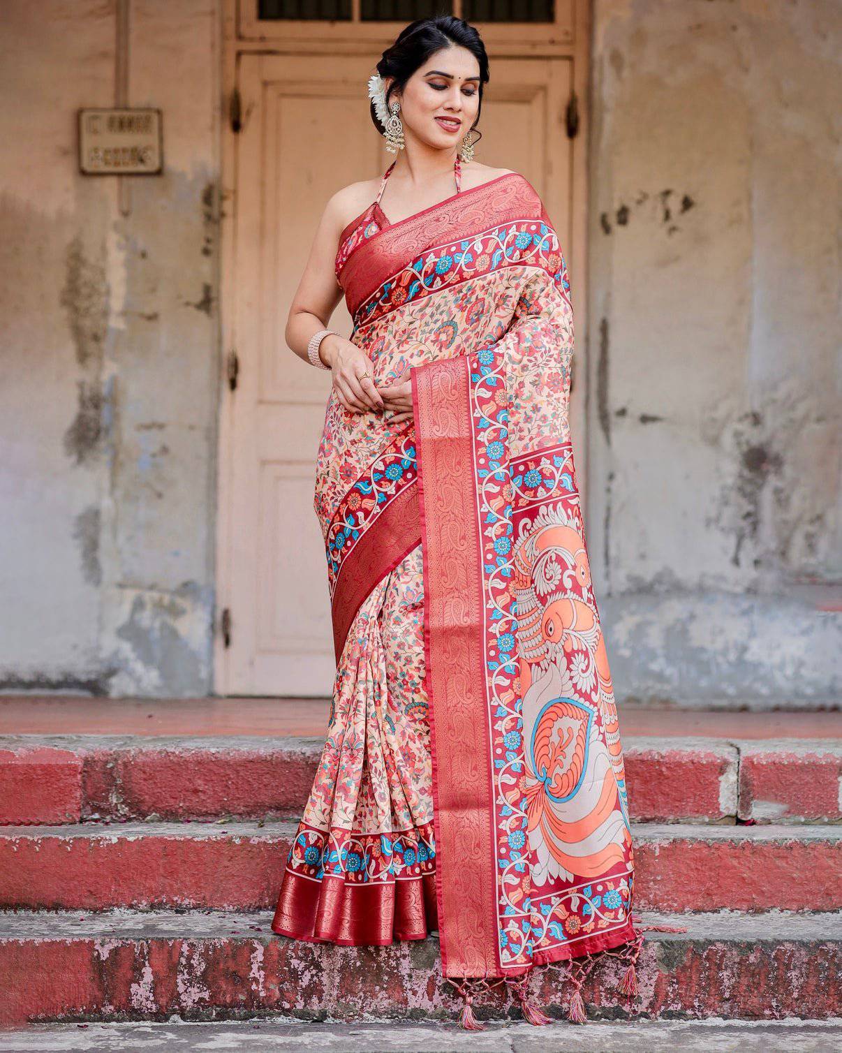 Pure Silk Digitally Printed Saree Weaved With Golden Zari Comes With Tassels - Fashion Dream Studio