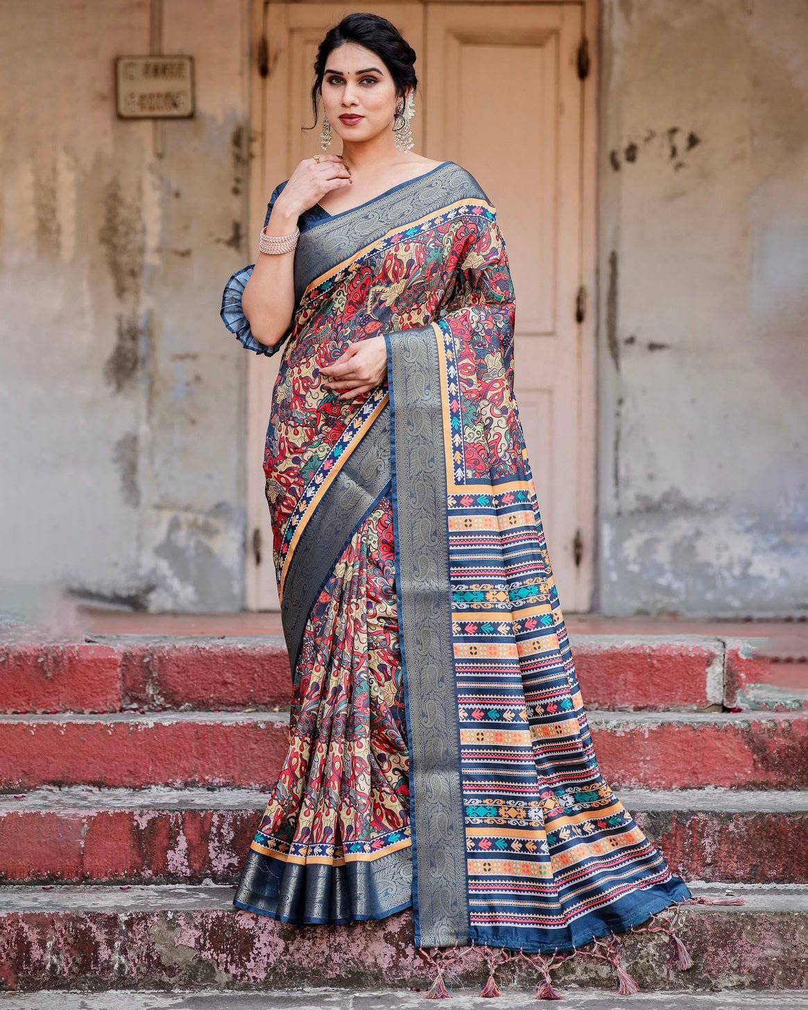 Pure Silk Digitally Printed Saree Weaved With Golden Zari Comes With Tassels