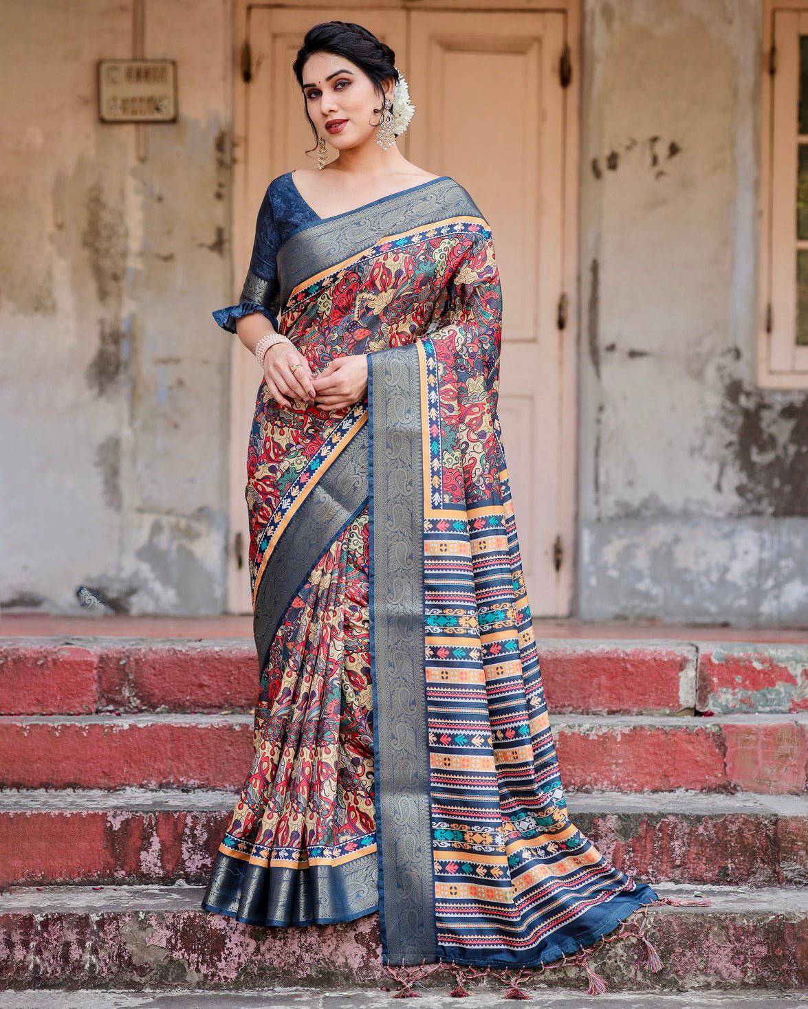 Pure Silk Digitally Printed Saree Weaved With Golden Zari Comes With Tassels