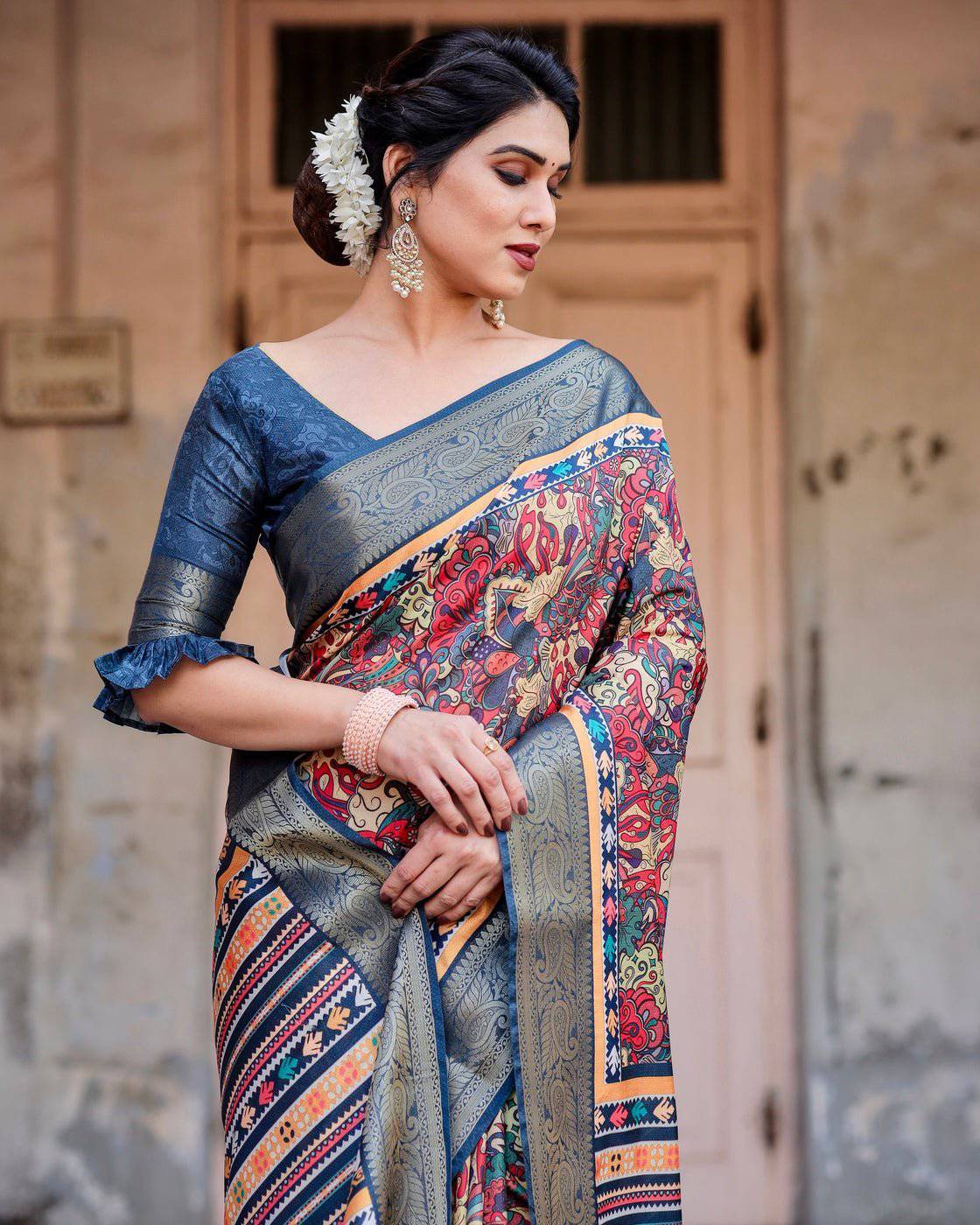 Pure Silk Digitally Printed Saree Weaved With Golden Zari Comes With Tassels