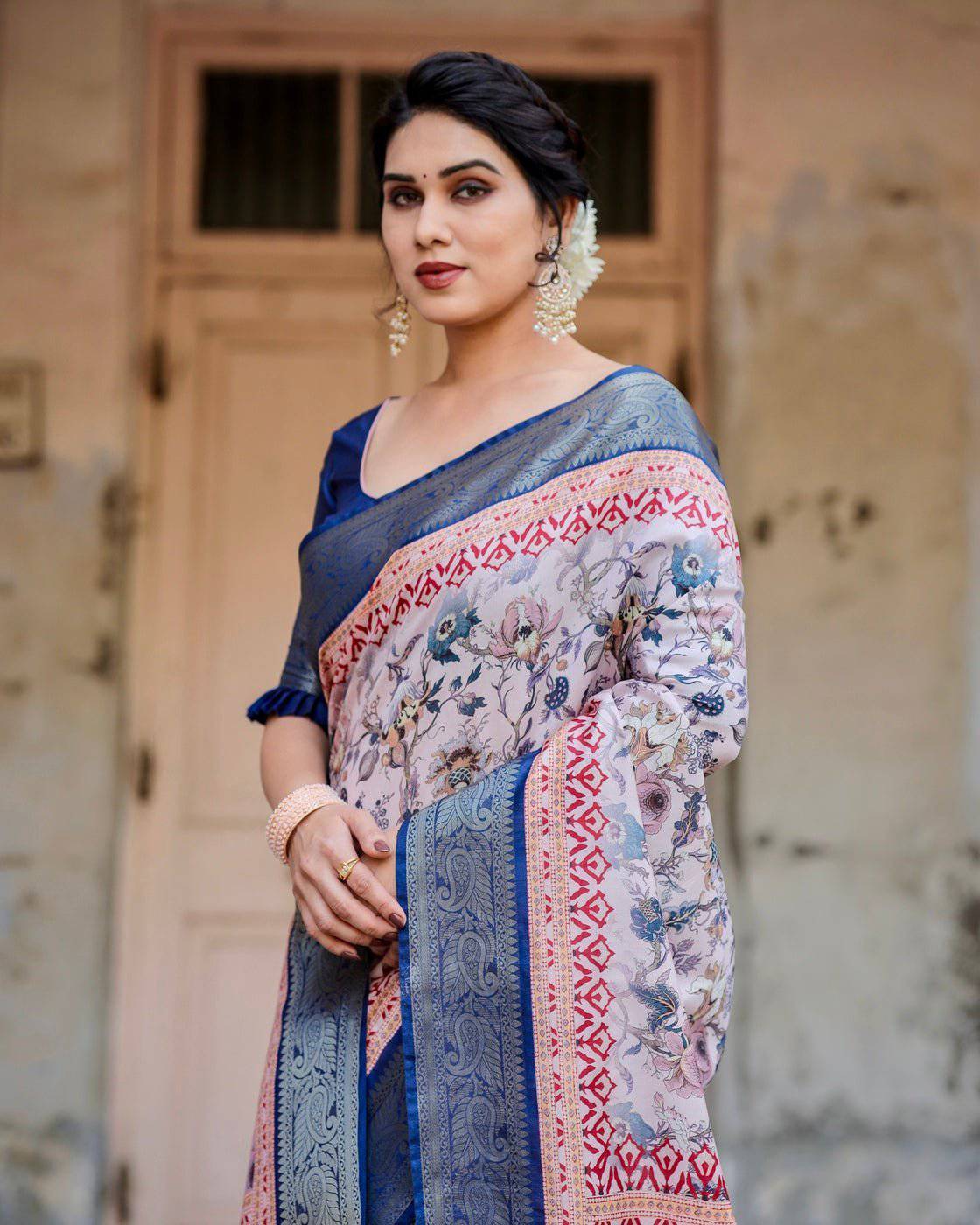 Pure Silk Digitally Printed Saree Weaved With Golden Zari Comes With Tassels