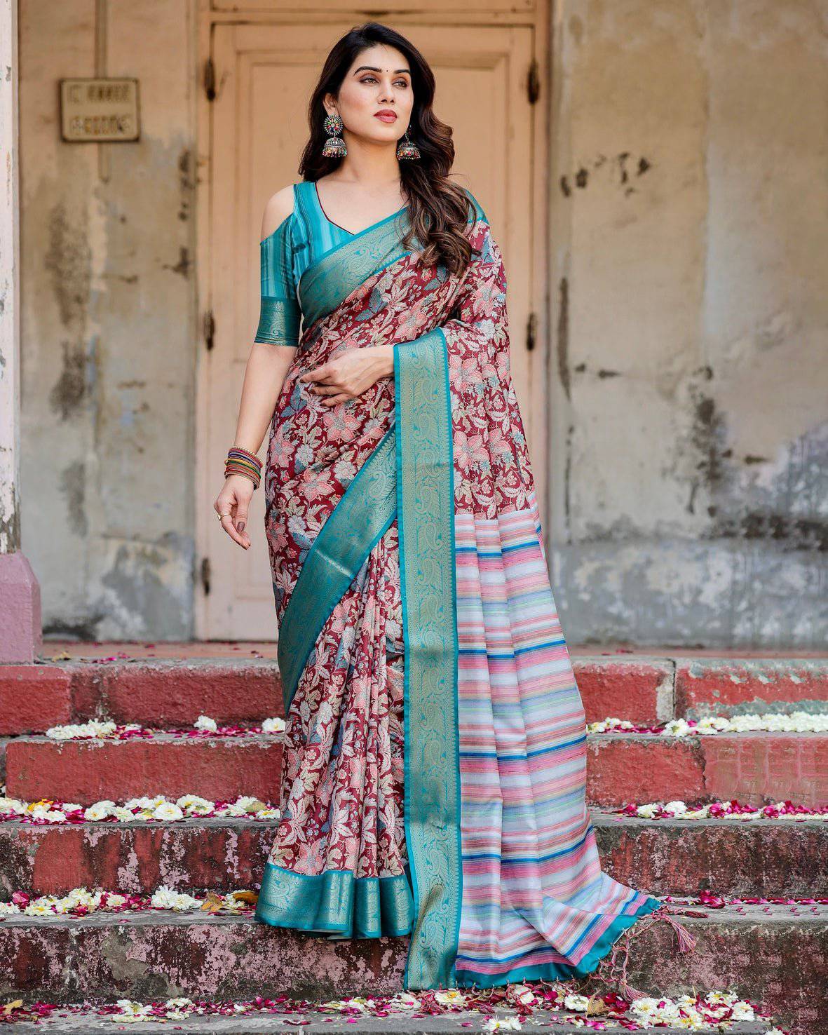 Pure Silk Digitally Printed Saree Weaved With Golden Zari Comes With Tassels - Fashion Dream Studio