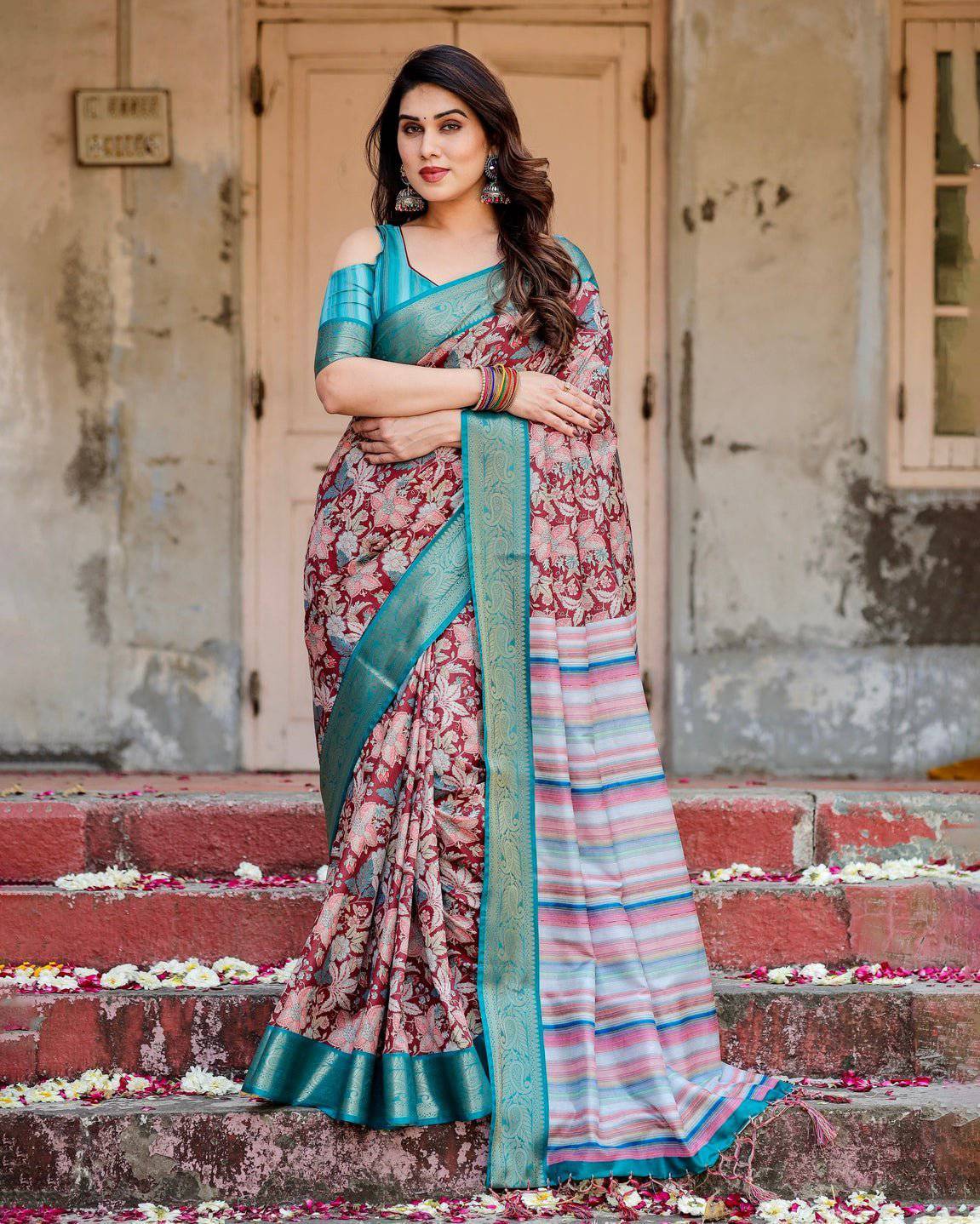 Pure Silk Digitally Printed Saree Weaved With Golden Zari Comes With Tassels - Fashion Dream Studio