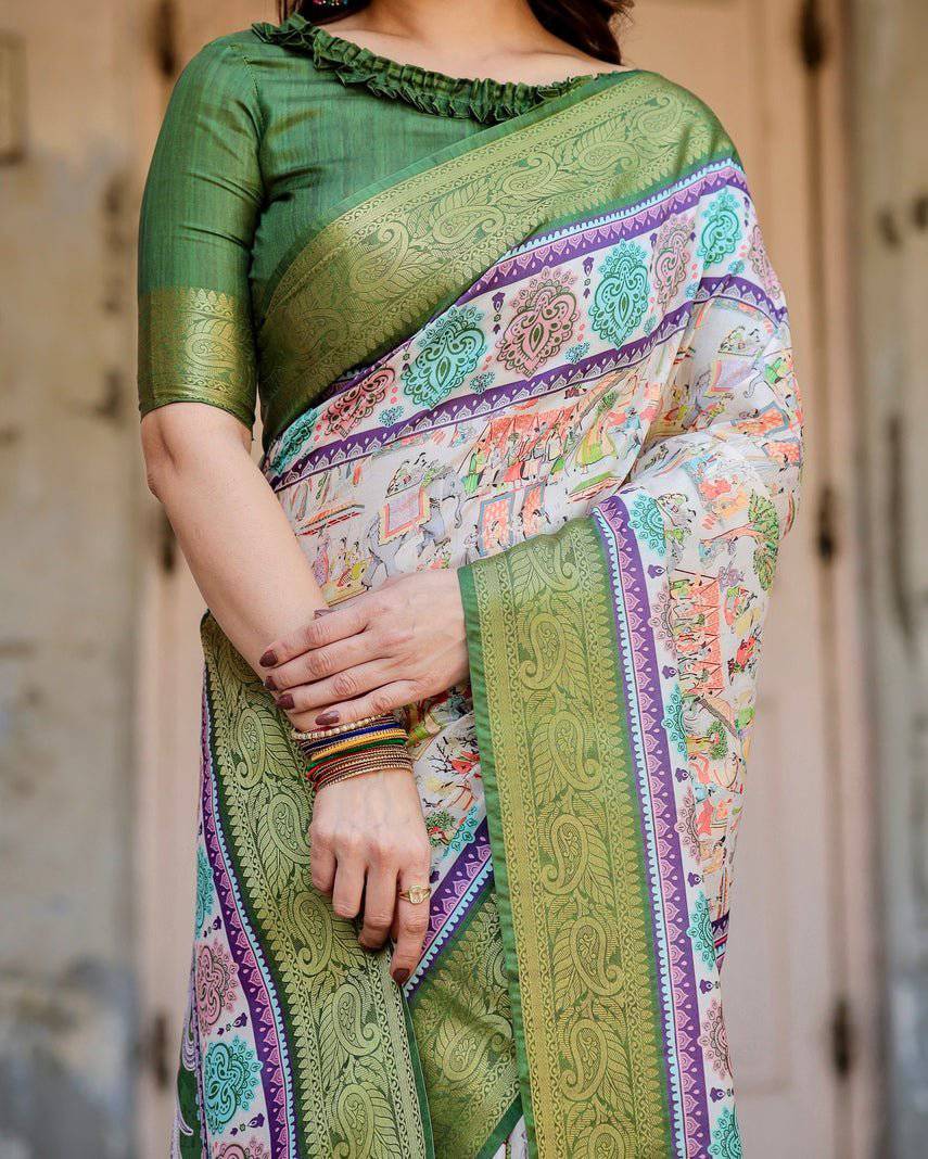 Pure Silk Digitally Printed Saree Weaved With Golden Zari Comes With Tassels