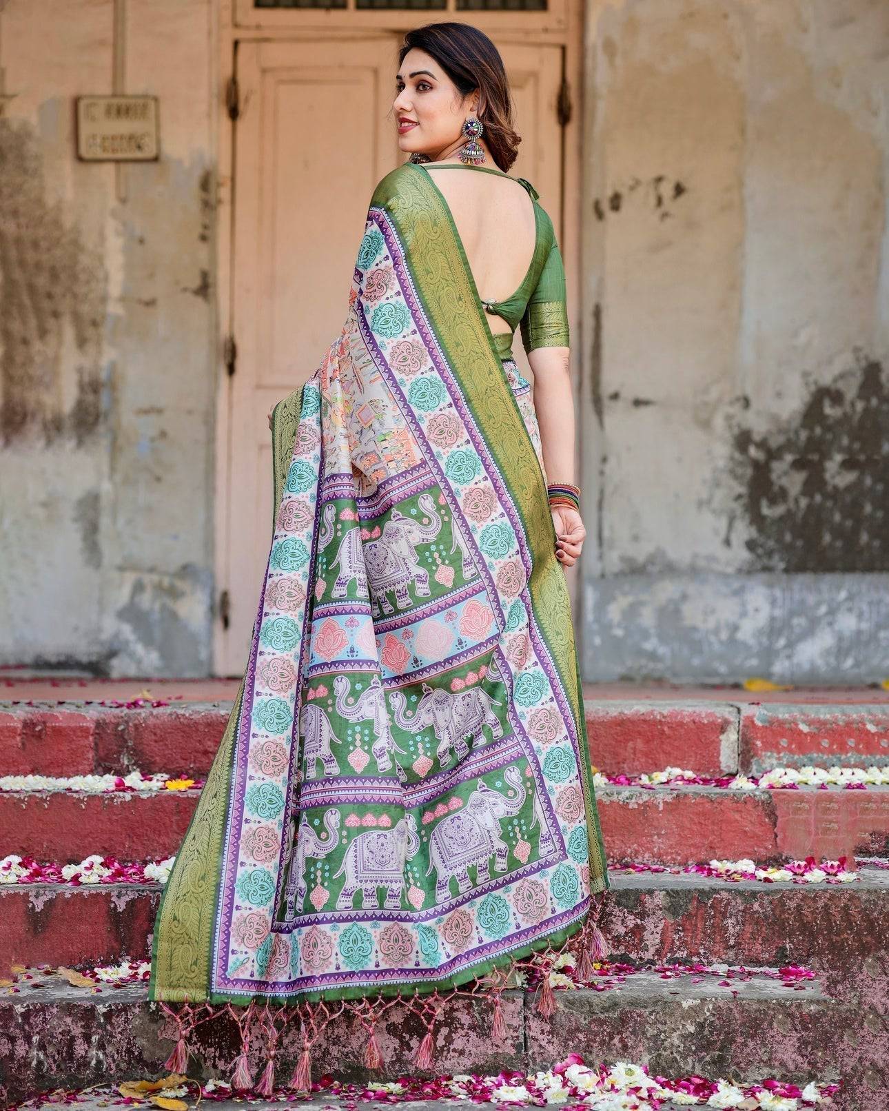 Pure Silk Digitally Printed Saree Weaved With Golden Zari Comes With Tassels - Fashion Dream Studio