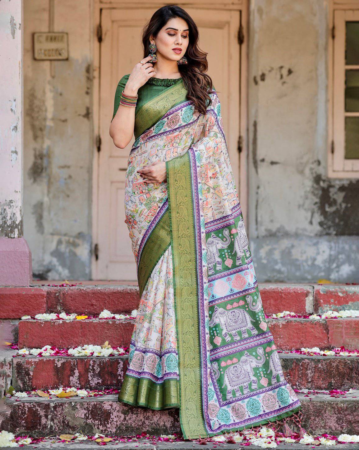 Pure Silk Digitally Printed Saree Weaved With Golden Zari Comes With Tassels - Fashion Dream Studio