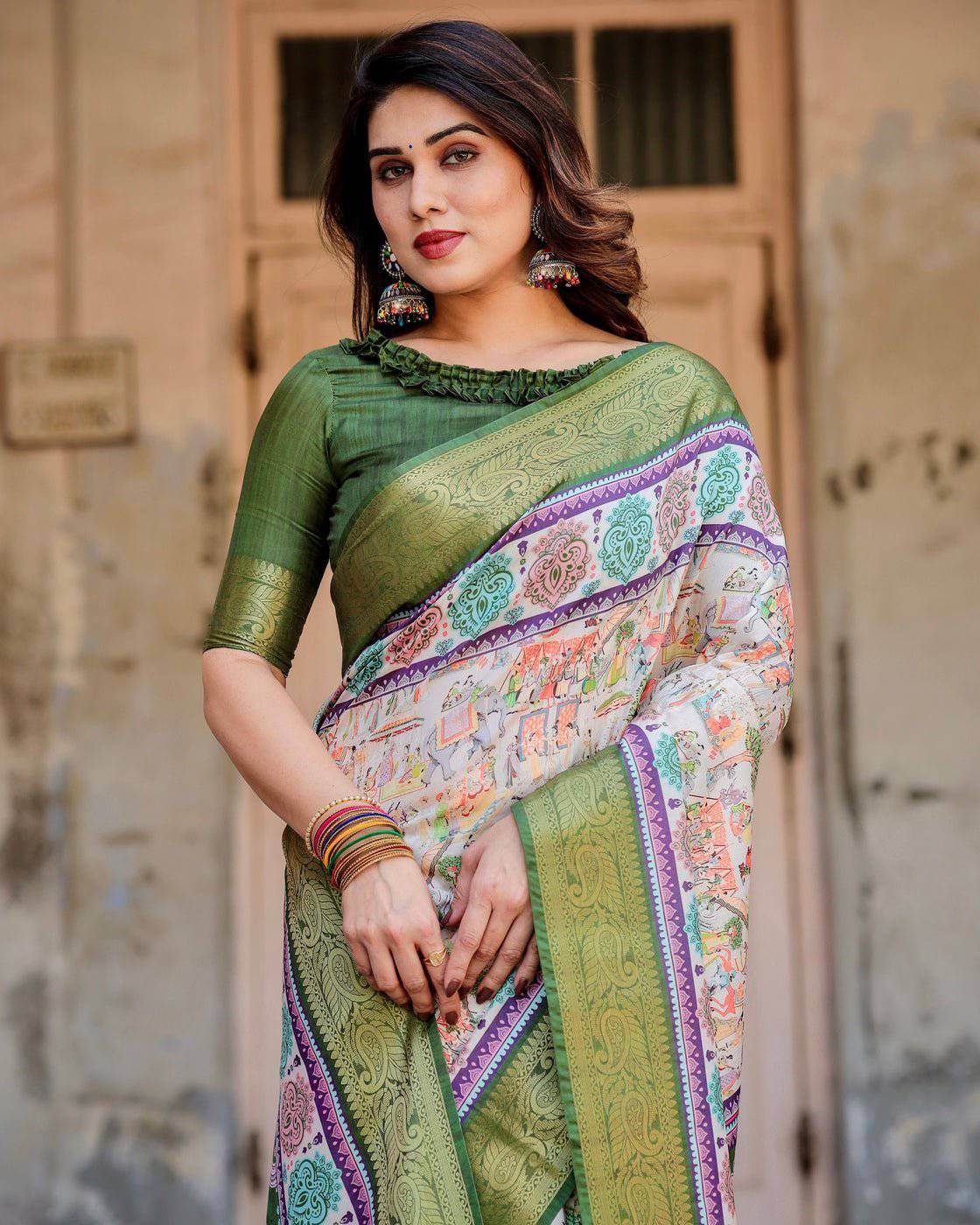 Pure Silk Digitally Printed Saree Weaved With Golden Zari Comes With Tassels - Fashion Dream Studio