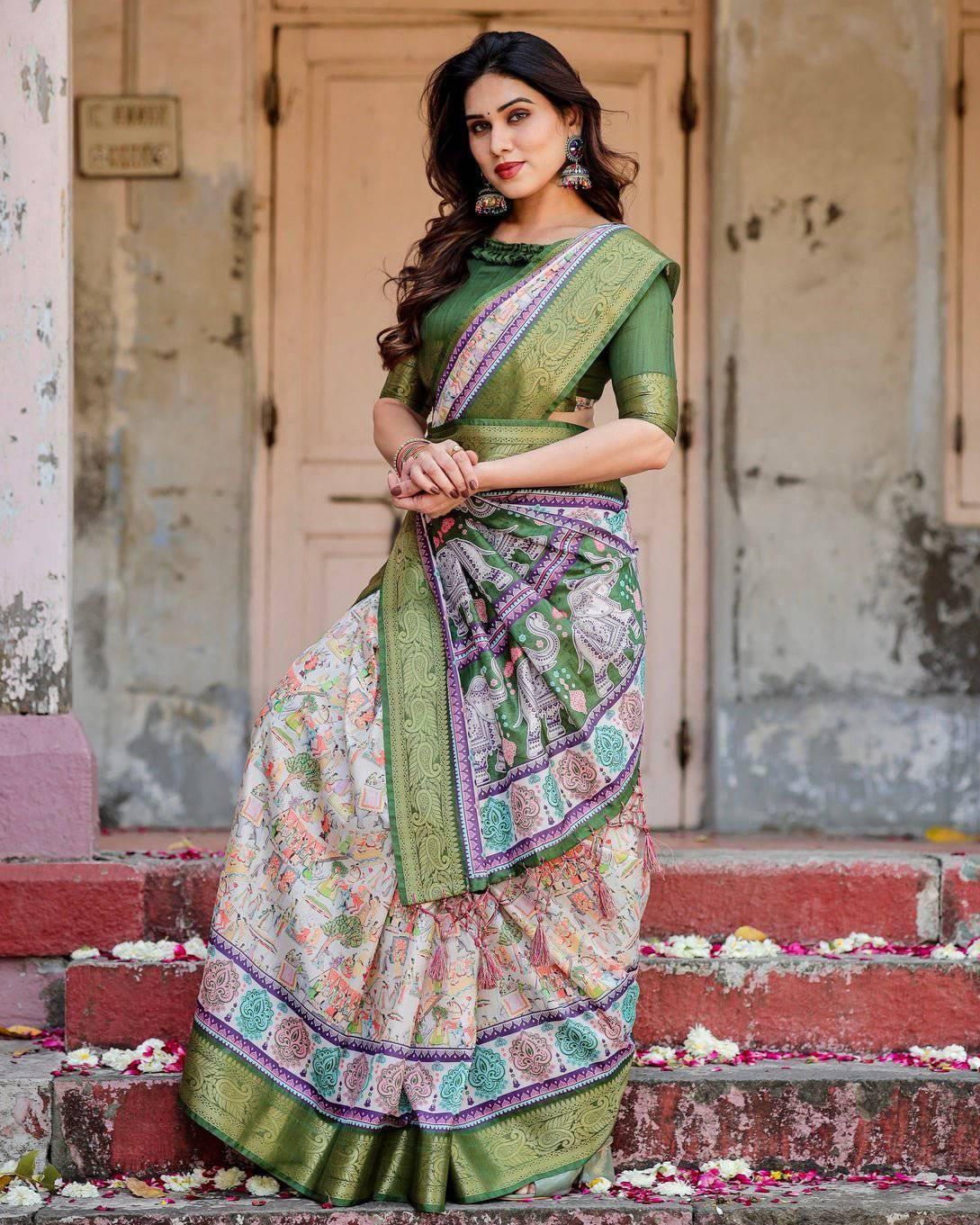 Pure Silk Digitally Printed Saree Weaved With Golden Zari Comes With Tassels - Fashion Dream Studio