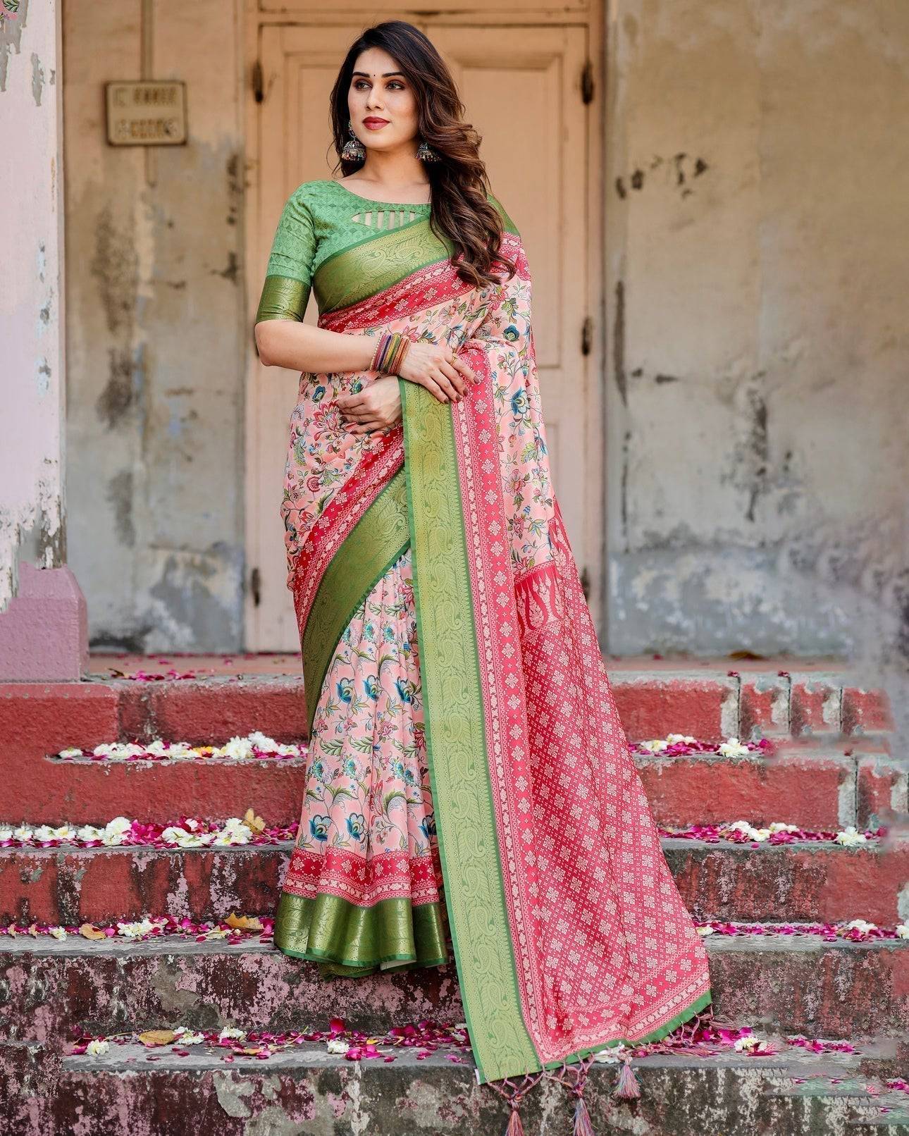 Pure Silk Digitally Printed Saree Weaved With Golden Zari Comes With Tassels - Fashion Dream Studio