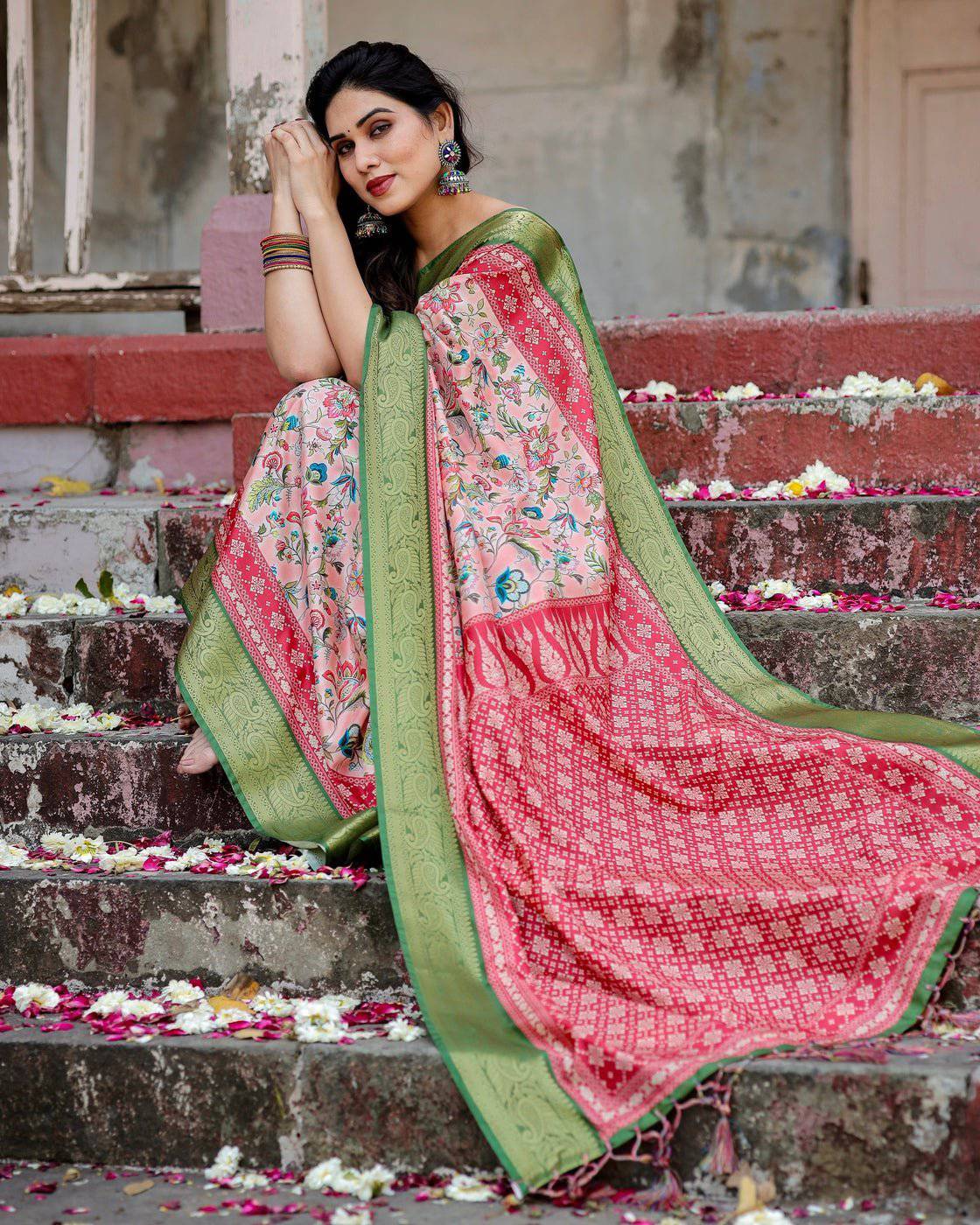 Pure Silk Digitally Printed Saree Weaved With Golden Zari Comes With Tassels - Fashion Dream Studio