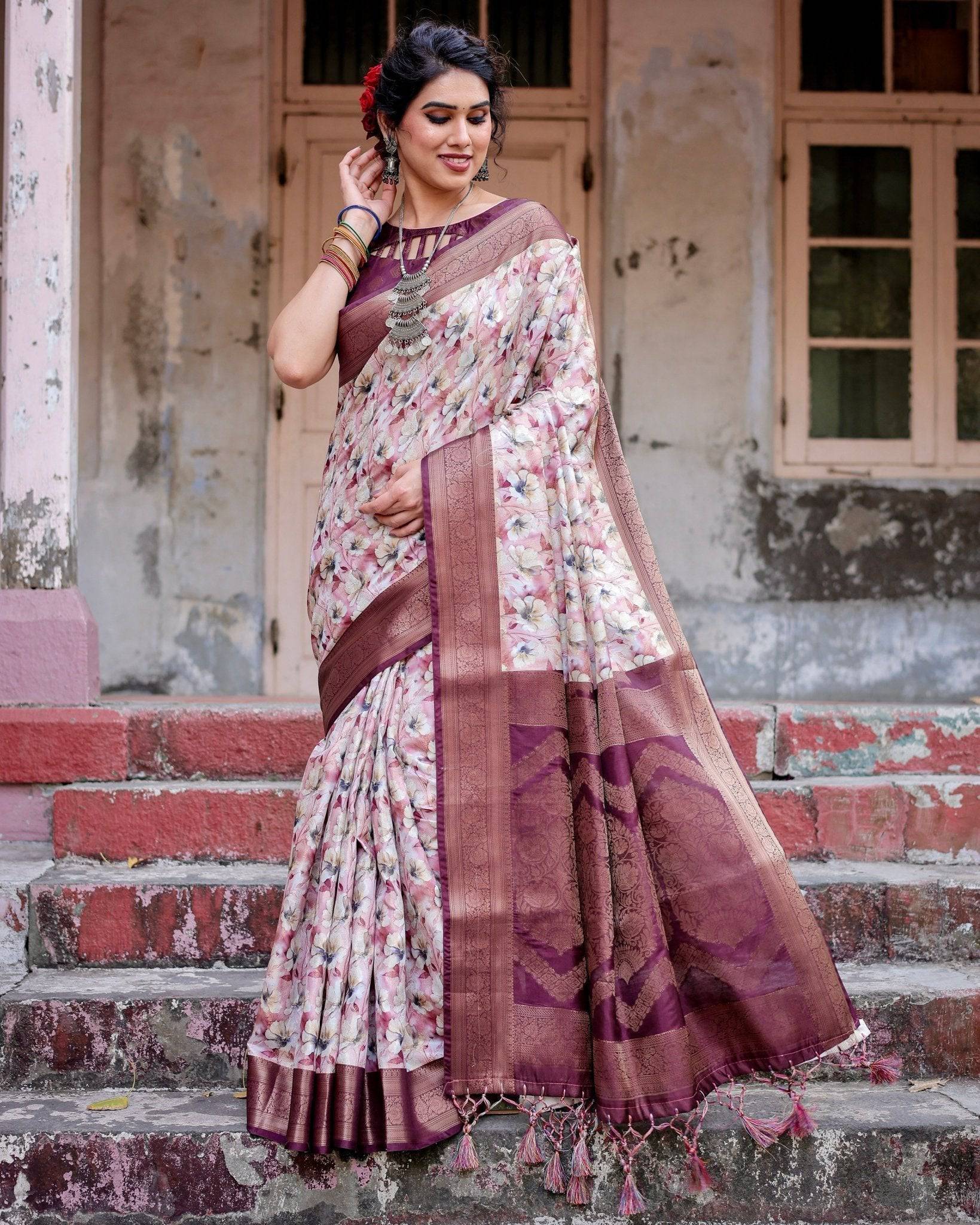 Pure Banarasi Silk Saree Weaved With Golden Zari Comes With Tassels - Fashion Dream Studio