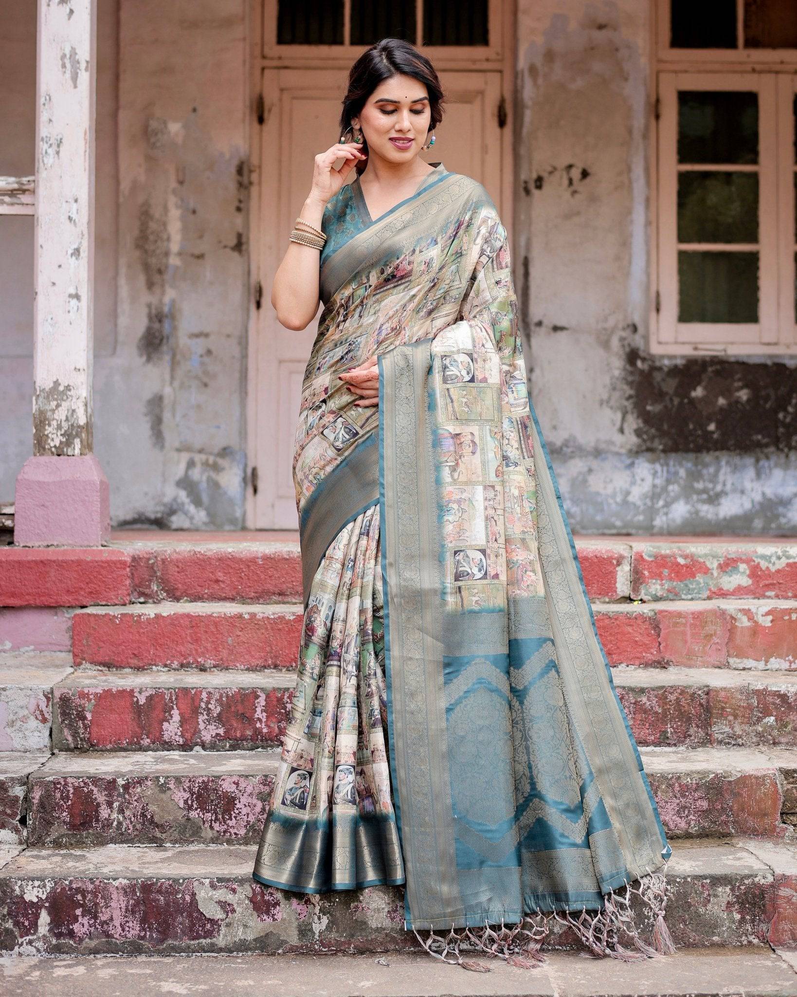 Pure Banarasi Silk Saree Weaved With Golden Zari Comes With Tassels - Fashion Dream Studio