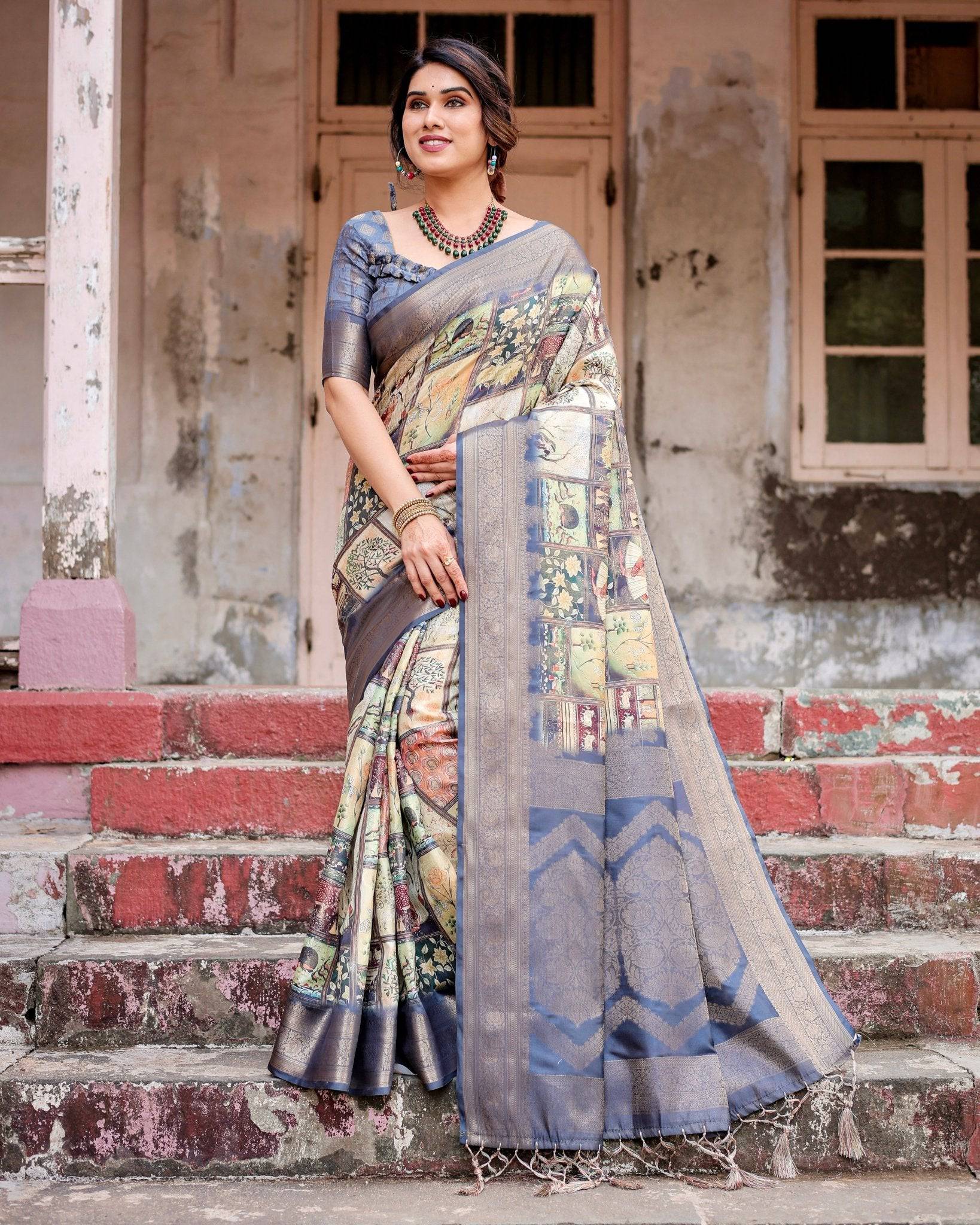 Pure Banarasi Silk Saree Weaved With Golden Zari Comes With Tassels