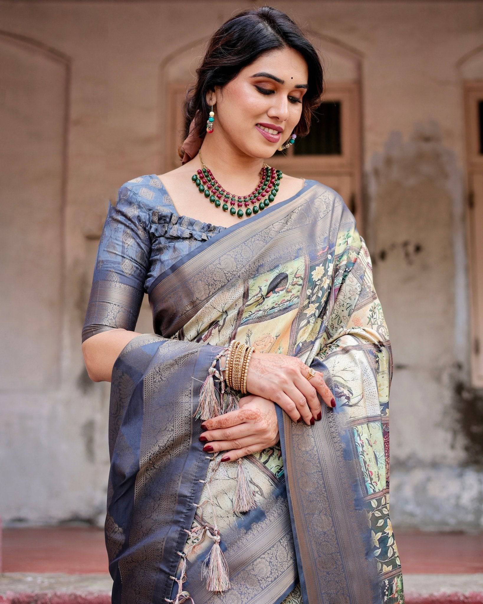 Pure Banarasi Silk Saree Weaved With Golden Zari Comes With Tassels - Fashion Dream Studio