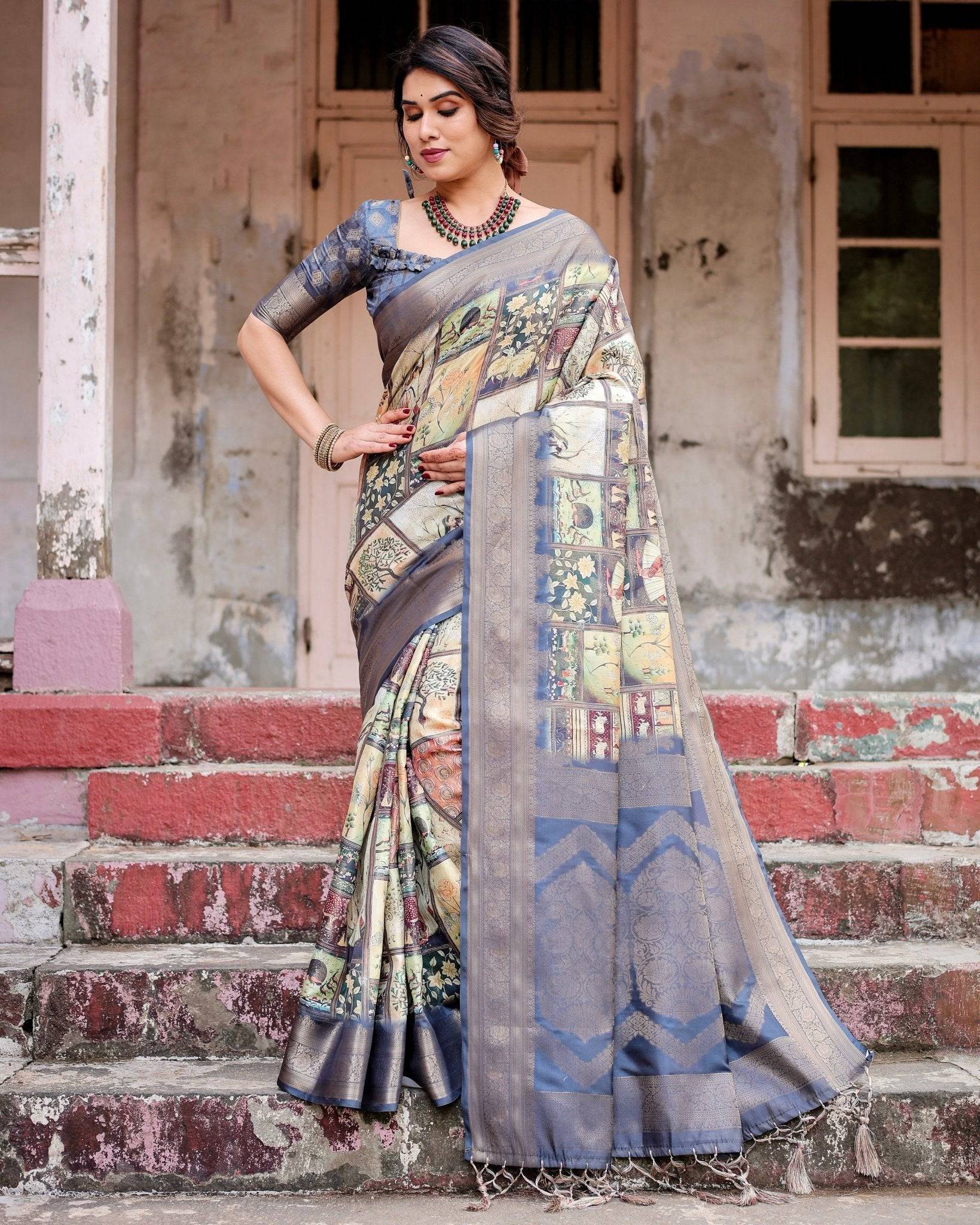 Pure Banarasi Silk Saree Weaved With Golden Zari Comes With Tassels - Fashion Dream Studio