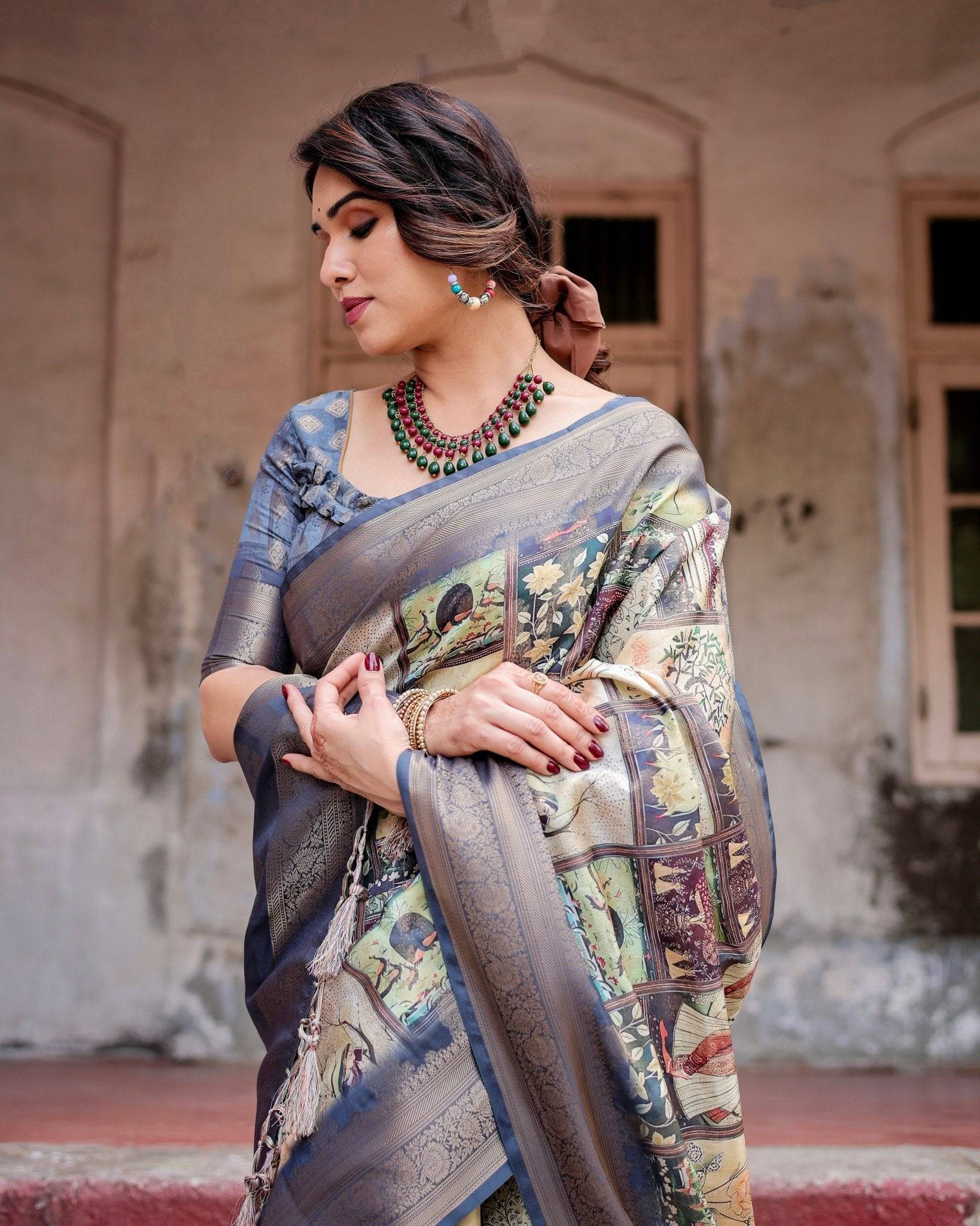 Pure Banarasi Silk Saree Weaved With Golden Zari Comes With Tassels - Fashion Dream Studio