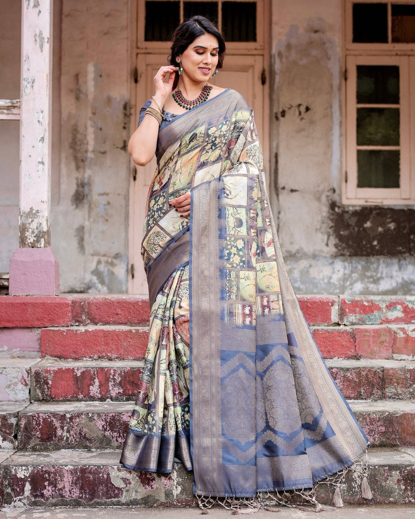 Pure Banarasi Silk Saree Weaved With Golden Zari Comes With Tassels - Fashion Dream Studio