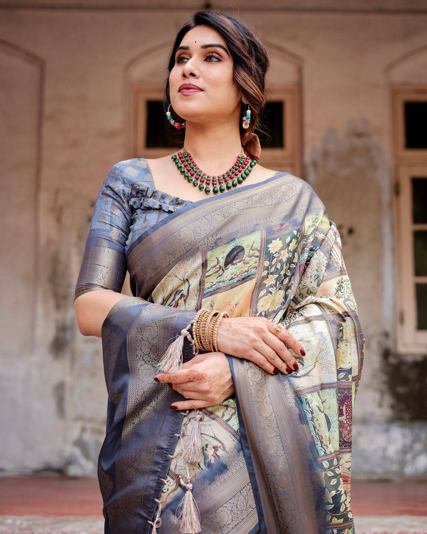 Pure Banarasi Silk Saree Weaved With Golden Zari Comes With Tassels - Fashion Dream Studio