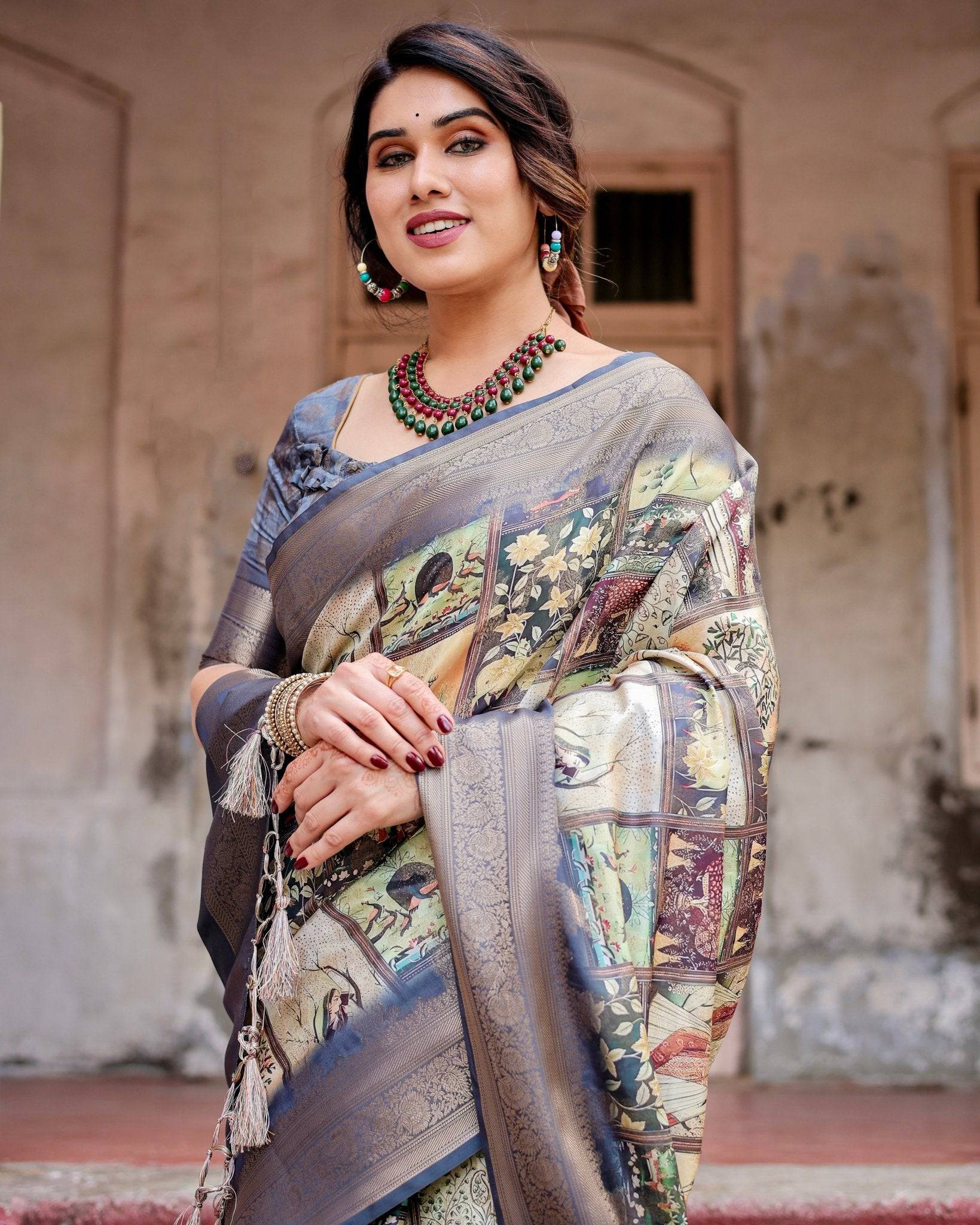 Pure Banarasi Silk Saree Weaved With Golden Zari Comes With Tassels - Fashion Dream Studio