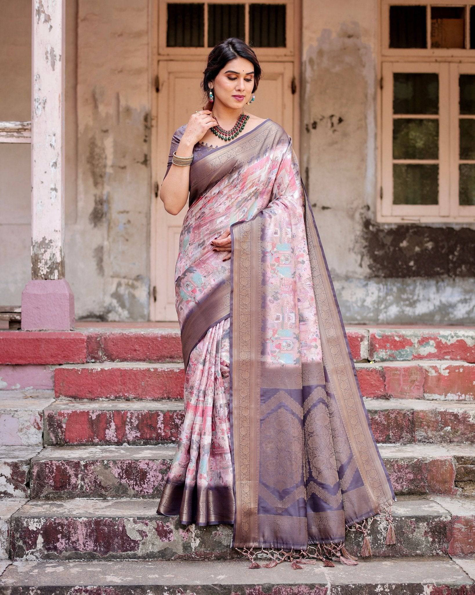 Pure Banarasi Silk Saree Weaved With Golden Zari Comes With Tassels - Fashion Dream Studio