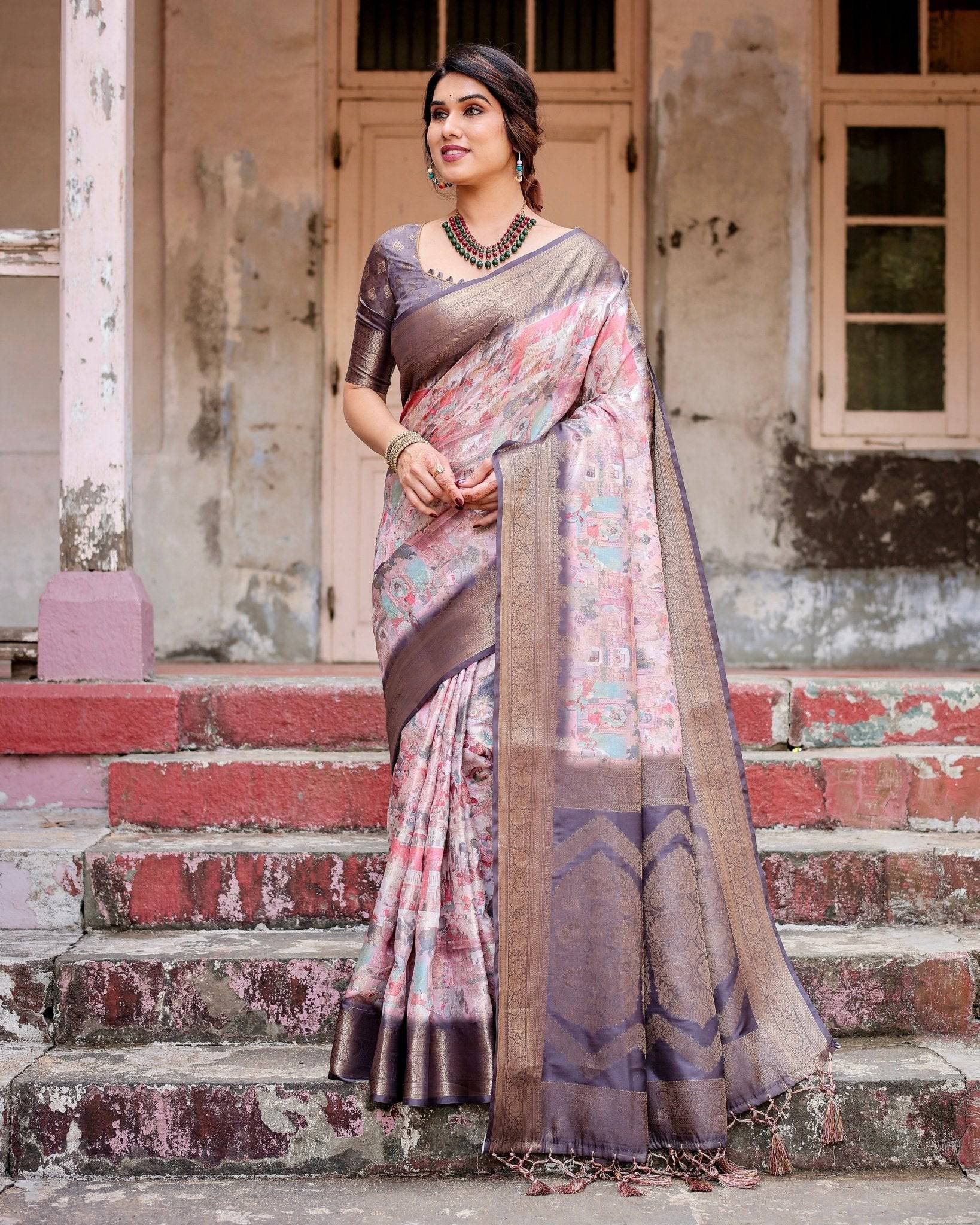 Pure Banarasi Silk Saree Weaved With Golden Zari Comes With Tassels - Fashion Dream Studio