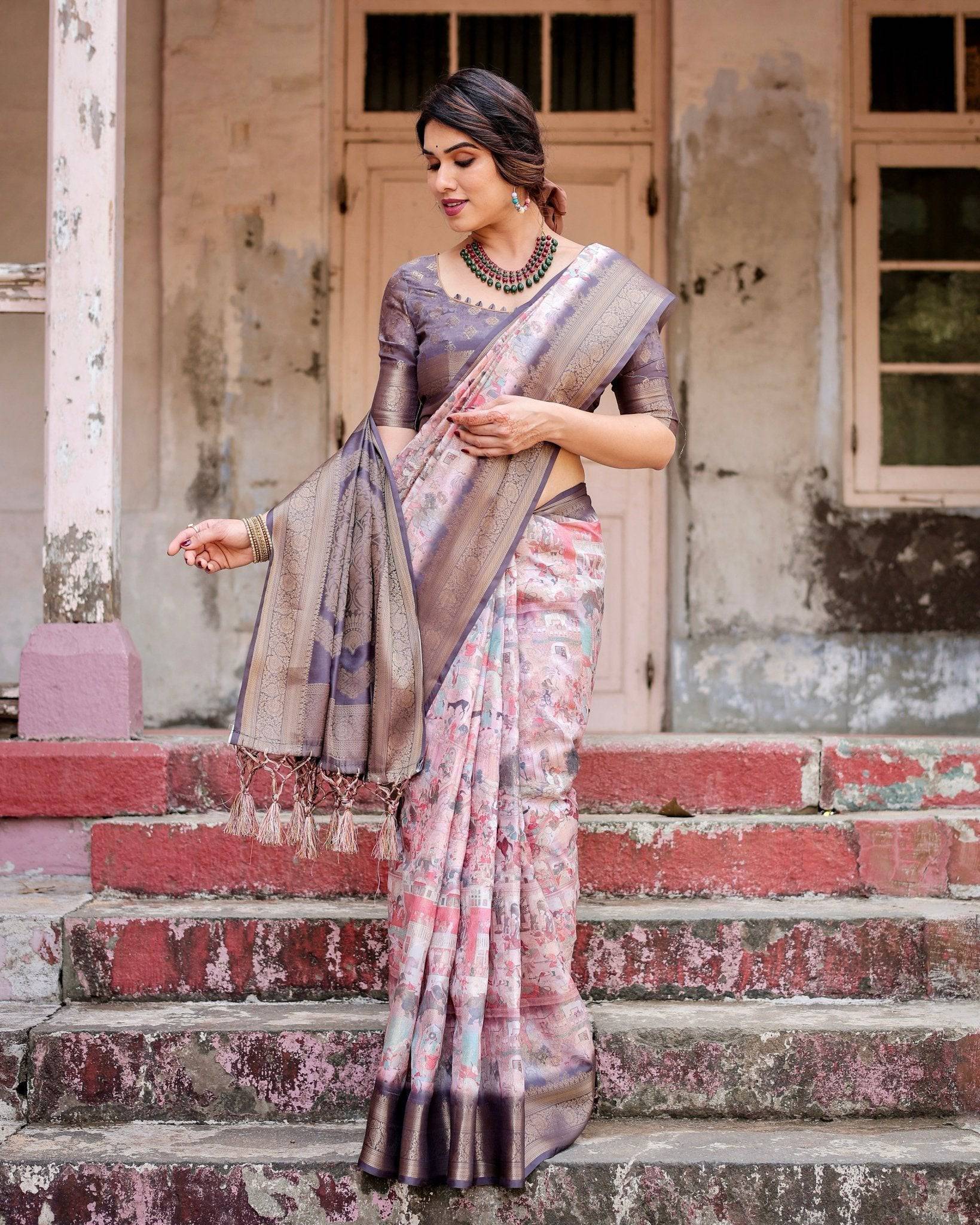 Pure Banarasi Silk Saree Weaved With Golden Zari Comes With Tassels - Fashion Dream Studio